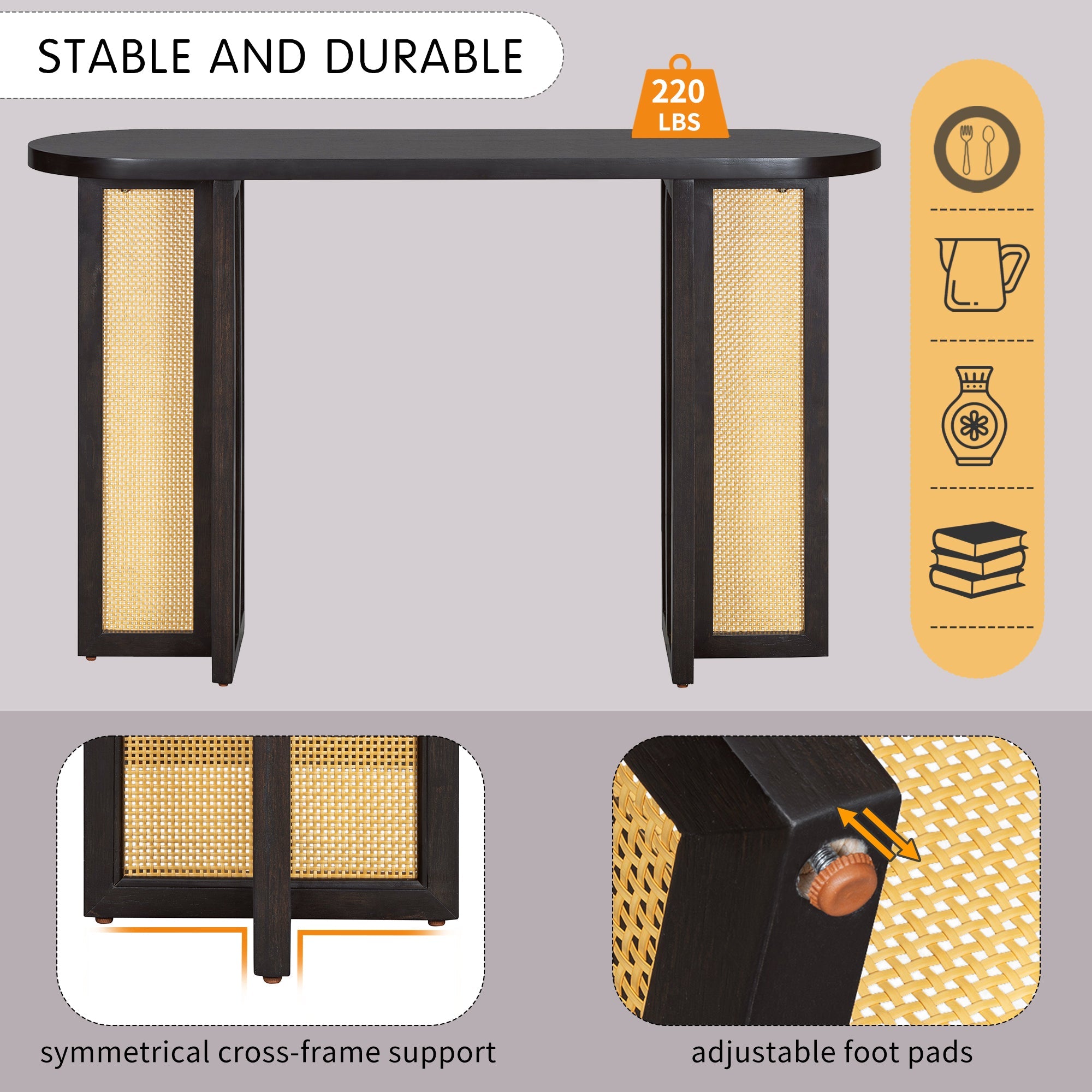 TREXM Farmhouse Rattan Console Table Entryway Table, Narrow Console Table with Storage, Hallway Table for Living Room, Entrance (Espresso)