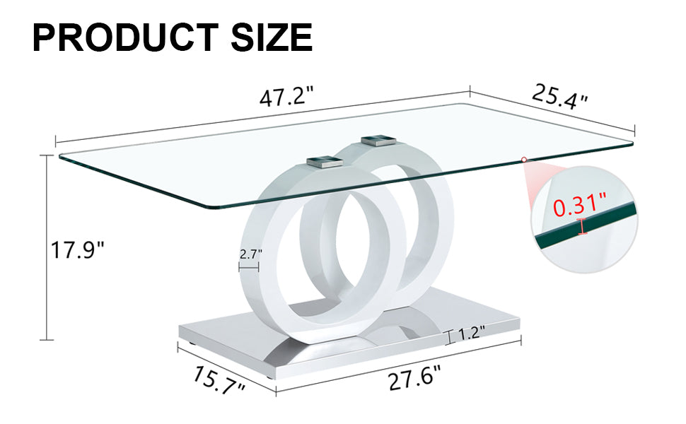 Rectangular modern and fashionable coffee table with tempered glass tabletop and white legs. Suitable for living room.47.2"*25.4"*17.9"