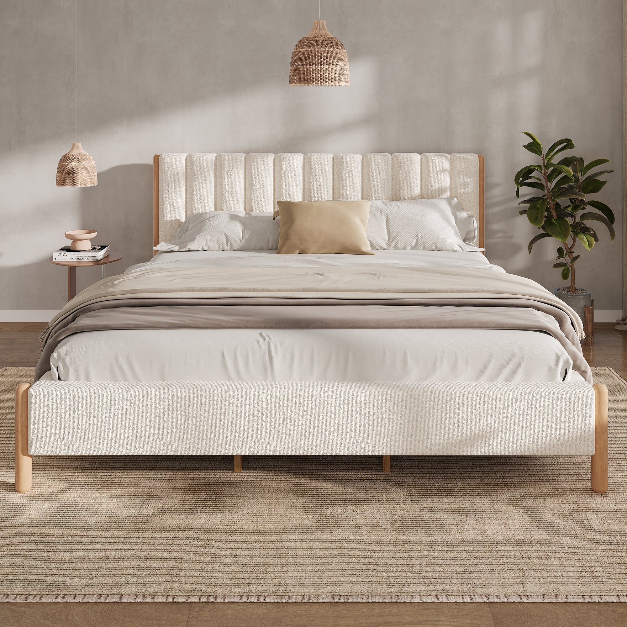 California King Size Bed Frame with Boucle Upholstered Thick Headboard, Solid Wooden Legs, White