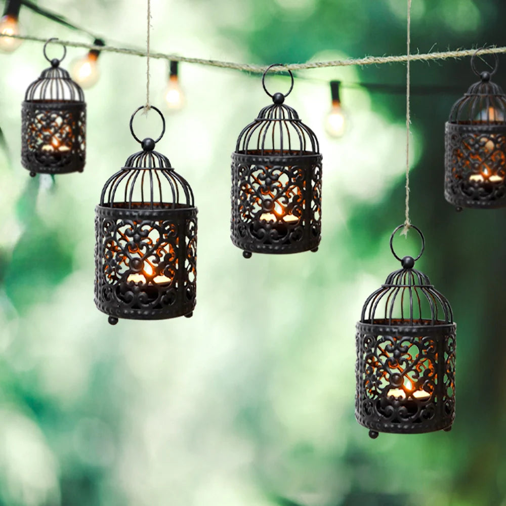 Set of 6 5.5" H Hanging Birdcage Tealight Lantern (Black)