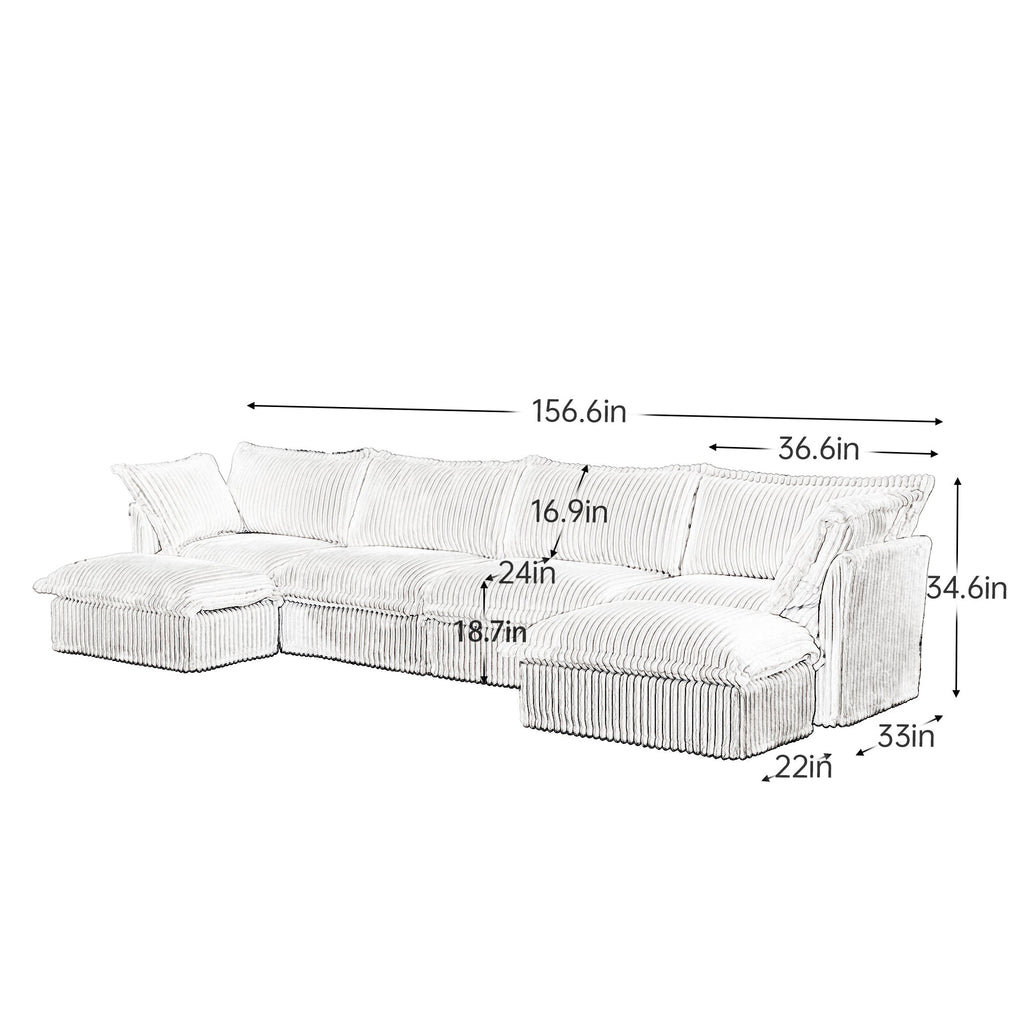 Slipcovered U Shape Sectional Wide and Deep Seat Sofa Couch, 4 Seater Sofa with French Edges Design Multiple Big Pillows, Soft Deep Seat Comfy Cloud Couch for Living Room, Apartment, Gray Corduroy