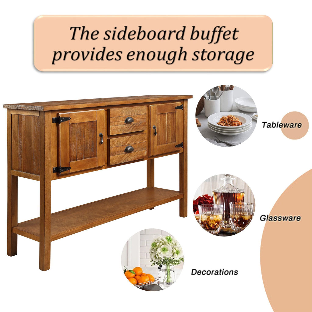 48'' Solid Wood Sideboard Console Table with 2 Drawers and Cabinets and Bottom Shelf, Retro Style Storage Dining Buffet Server Cabinet for Living Room Kitchen Dining Room(Brown)