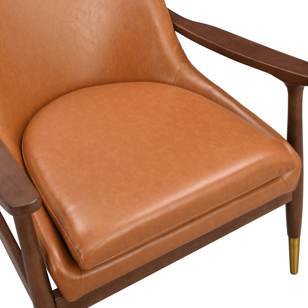 Mid-Century Faux Leather Accent Chair with Cushioned Seat, Solid Wood Frame, Brass-Tipped Legs, Brown