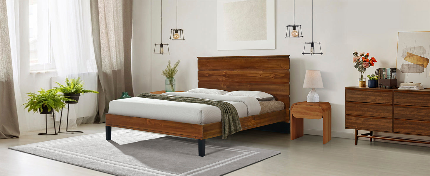 Mid-Century Modern Solid Wood Bed Frame Full Size Platform Bed with Six-Piece Headboard Design, No Box Spring Needed, Brown