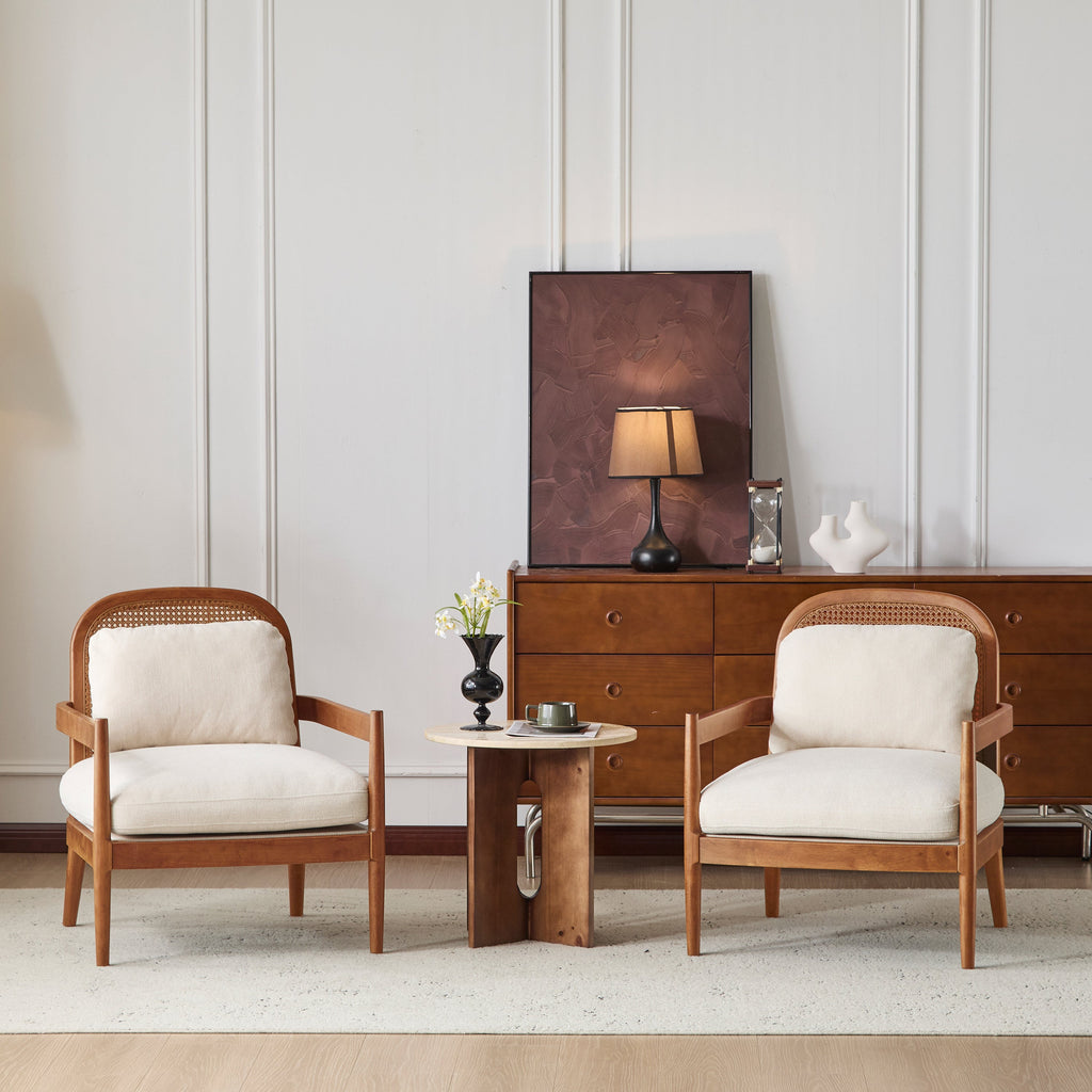 [Set of 2] 26.6' Mid-Century Modern Accent Chair with Light Brown Finish Solid Wood Frame and Rattan Backrest, Beige Cushion, Comfy Armchairs for Living Room, Bedroom, Reading Nook