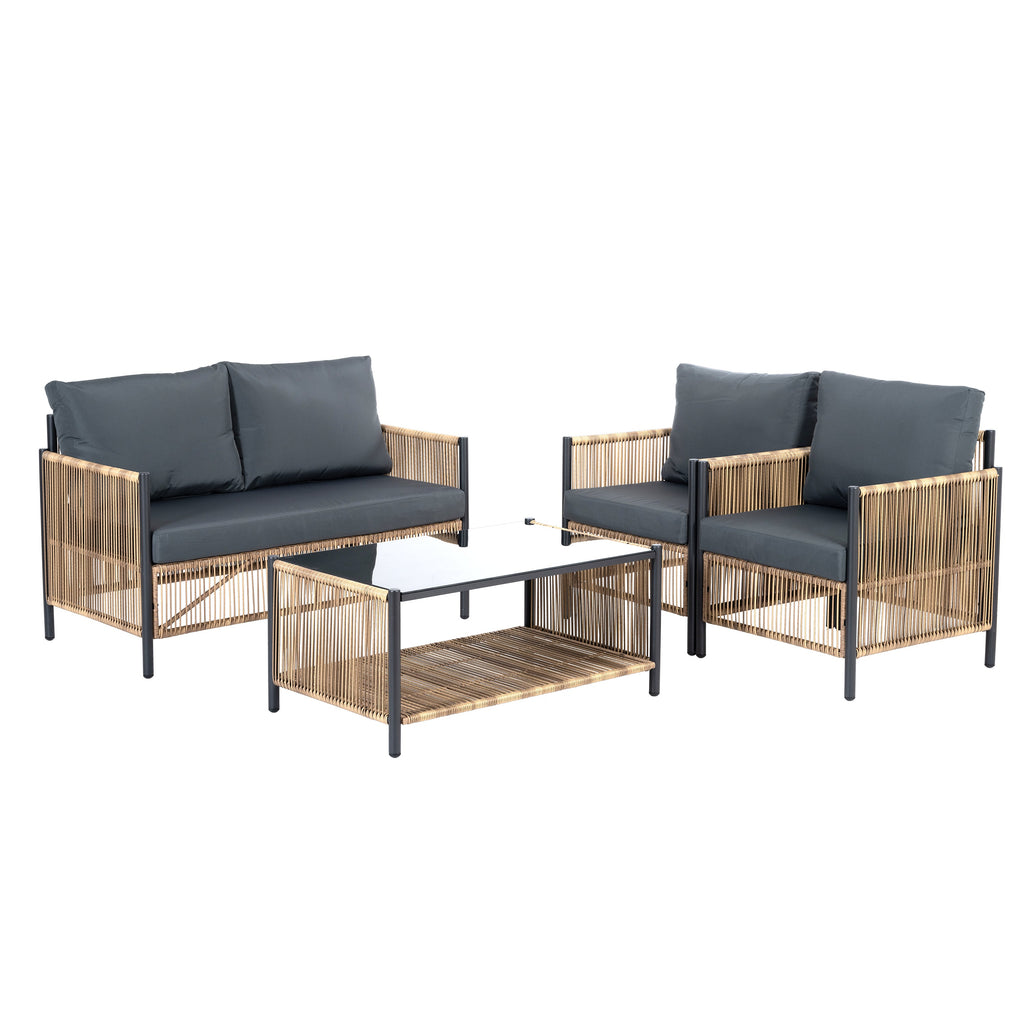New Comming Patio 4 Pieces Brown PE Wicker Sofa Set with Grey Cushion