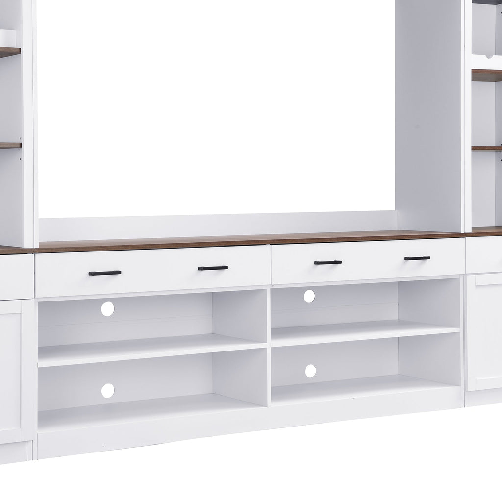 ON-TREND Farmhouse 4-Piece Entertainment Wall Unit Set with Bookshelf for TVs Up to 70', Walnut TV Stand with Adjustable Shelves, Mid-Century Large Media Console with Wine Rack for Living Room, White