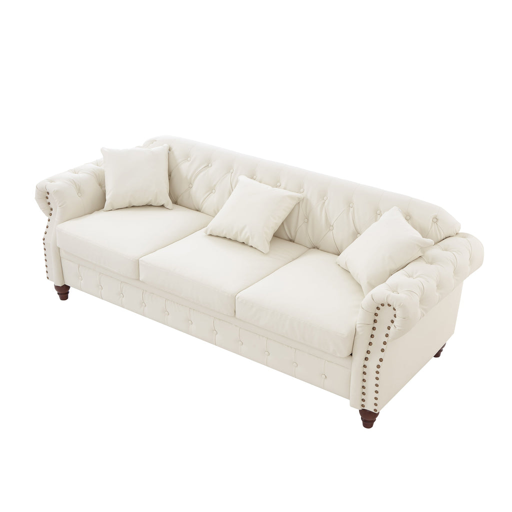 85.8' Living Room Chesterfield Sofa Classic Tufted Design Faux Leather PU Upholstered Sofa with Storage (Ivory)