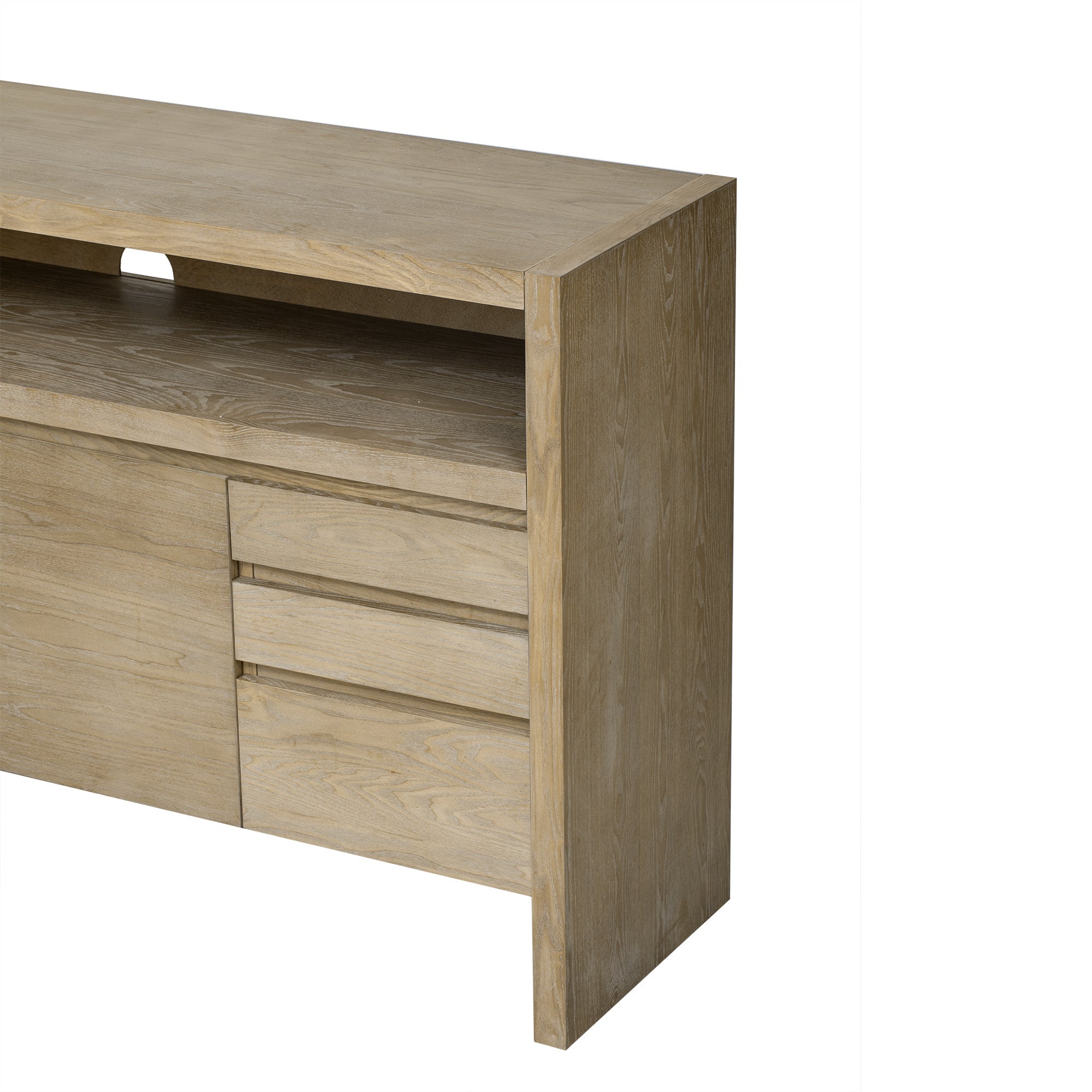 U_Style 60' 3-Door Sideboard with 3 Drawers - Modern Solid Ash Veneer MDF Sideboard, Semi-Open Shelf & Center Semi-Circular Cutout in Back Panel, Large Storage Cabinet for Living Room, Hallway, Dining