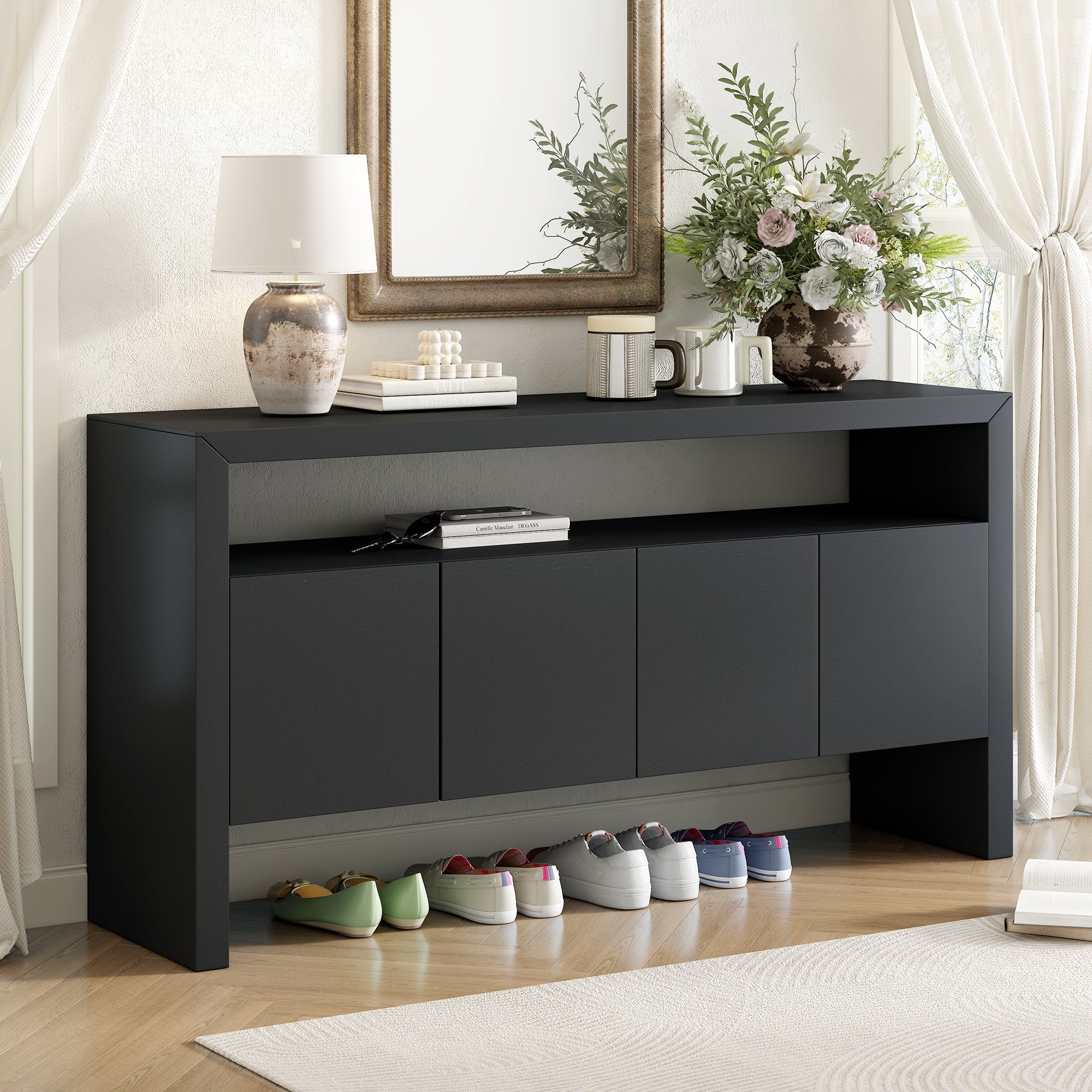 U_Style 60' 4-Door Sideboard, Modern Minimalist Solid Wood Veneer Sideboard with Open Shelf, Natural Wood Grain, Large Capacity Storage Console for Living Room, Hallway, Dining (Black/Natural)