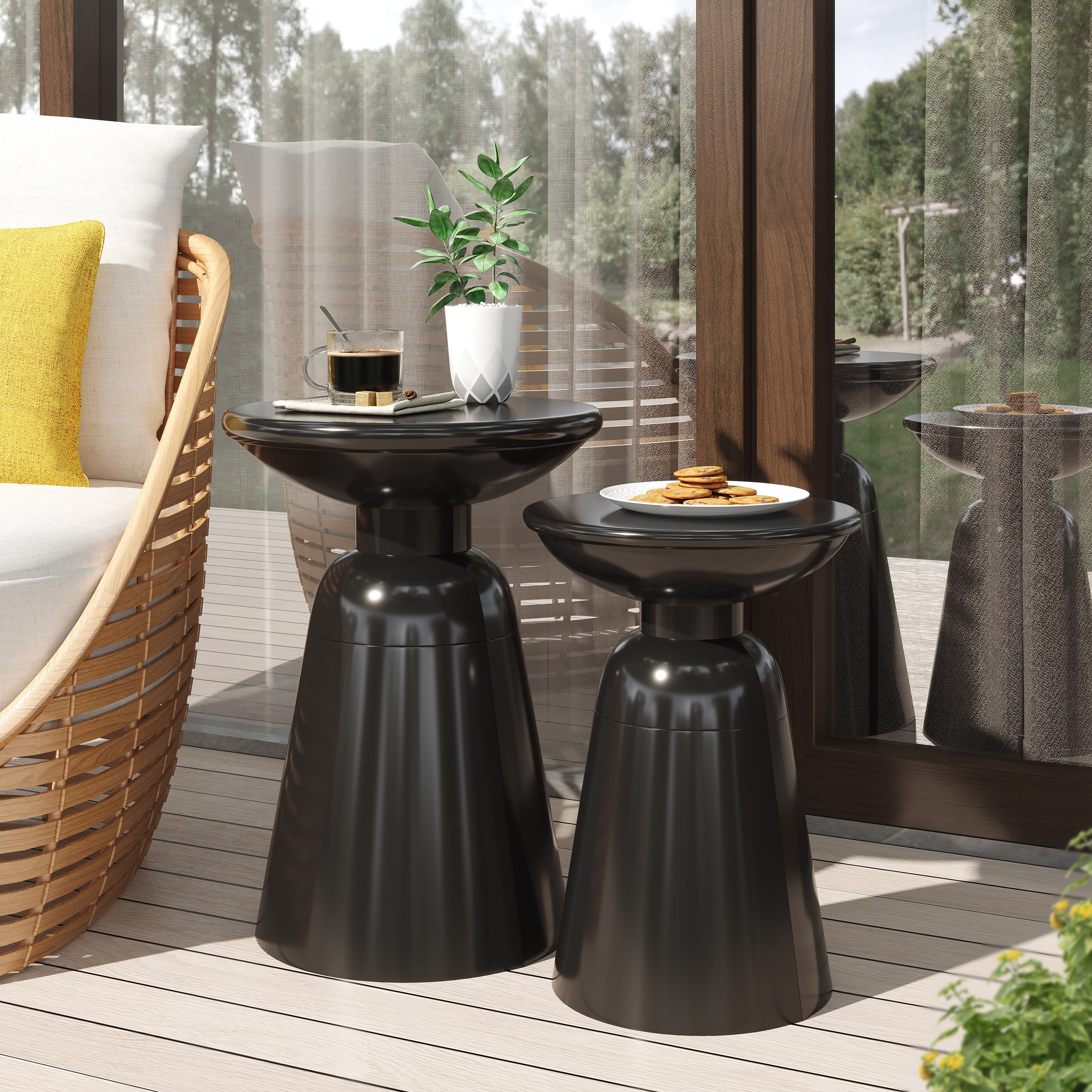 Serenita Outdoor Iron Side Tables with Flared Design, Set of 2 , Black