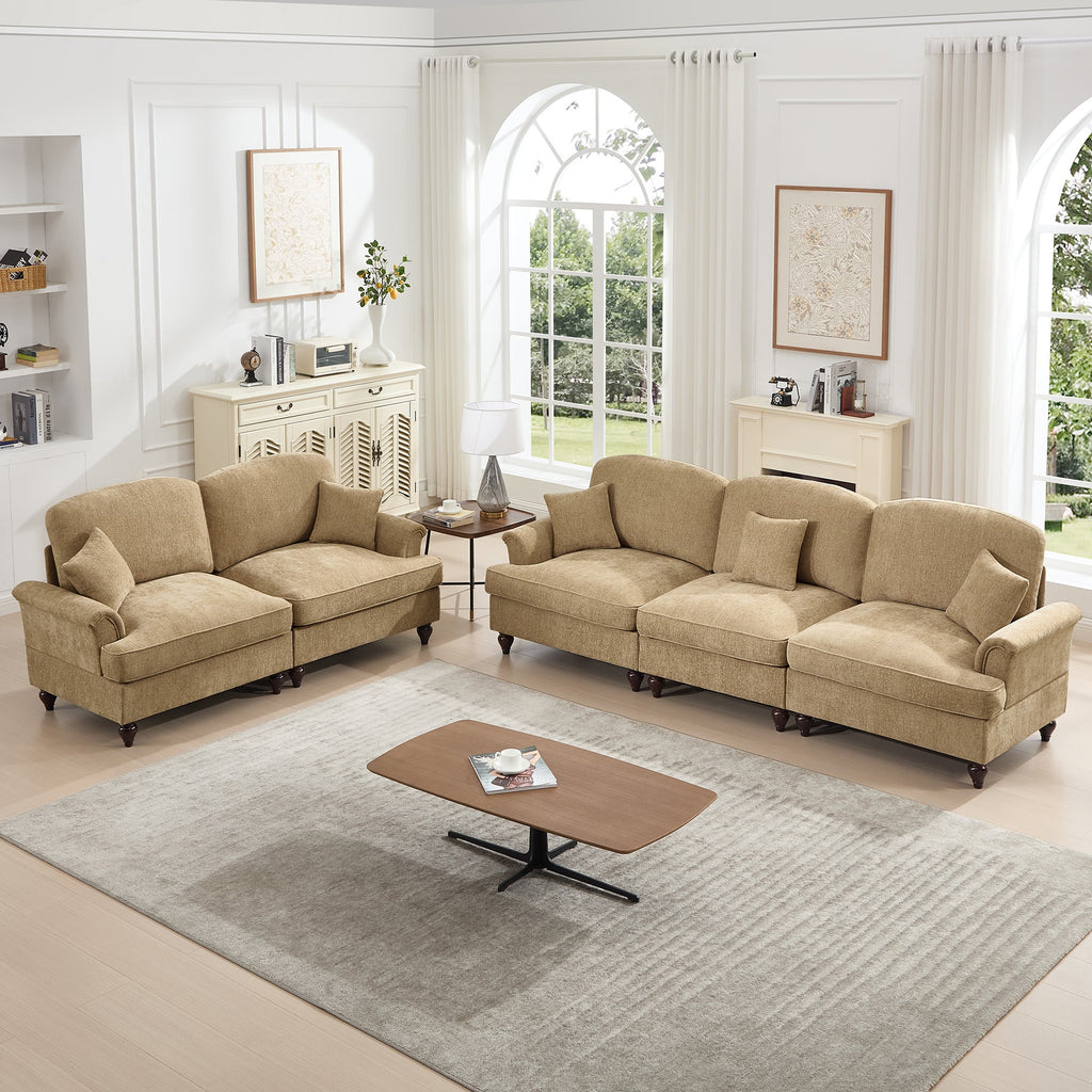 Classic 2 Piece Modular Couch Living Room Sofa Set with Flared Arms and Removable Ruffles Pleats Skirts and Spindle Legs, 3 Seater Sofa + 2-Seat Loveseat Sofa Sets for Living Room, Light Coffee