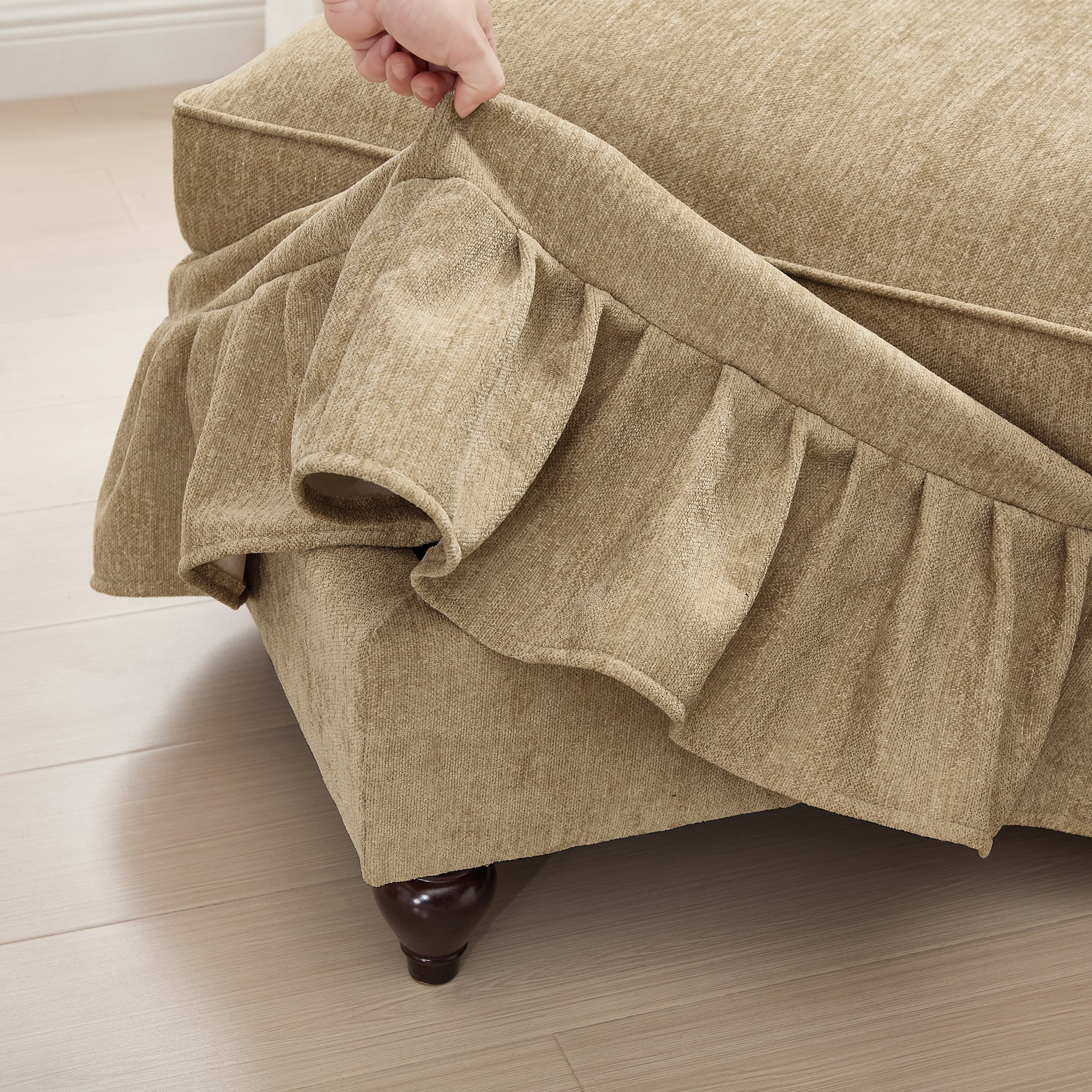 Classic Three Seater Modular L Shaped Sectional Couch with Flared Arms and Removable Ruffles Pleats Skirts and Spindle Legs, Comfy Chenille Four-Seat Deep Seat Sofa with Movable Ottoman, Light Coffee