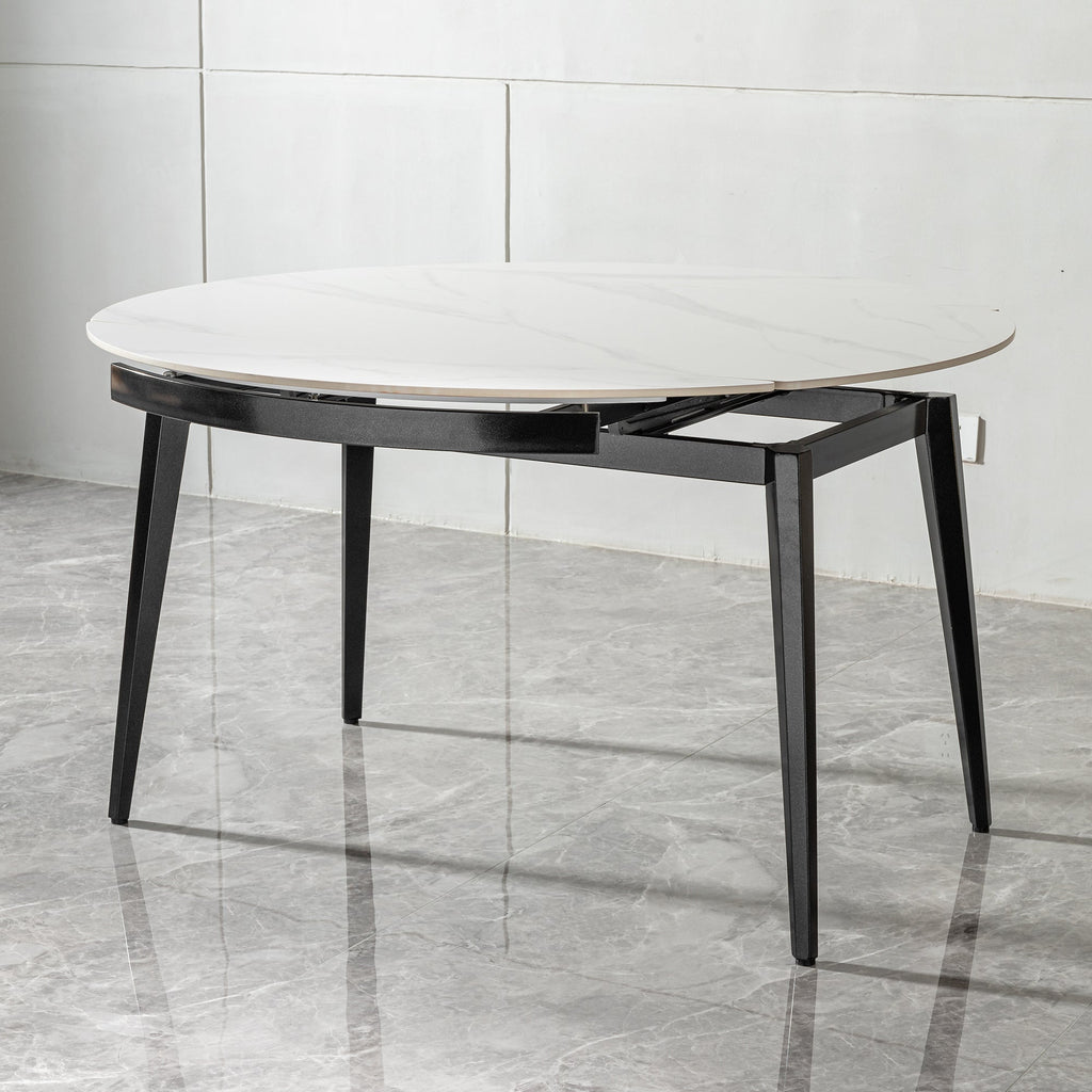 Modern Extendable Round Dining Table with Sintered Stone Top, White & Black, 33.5'' to 51.2''