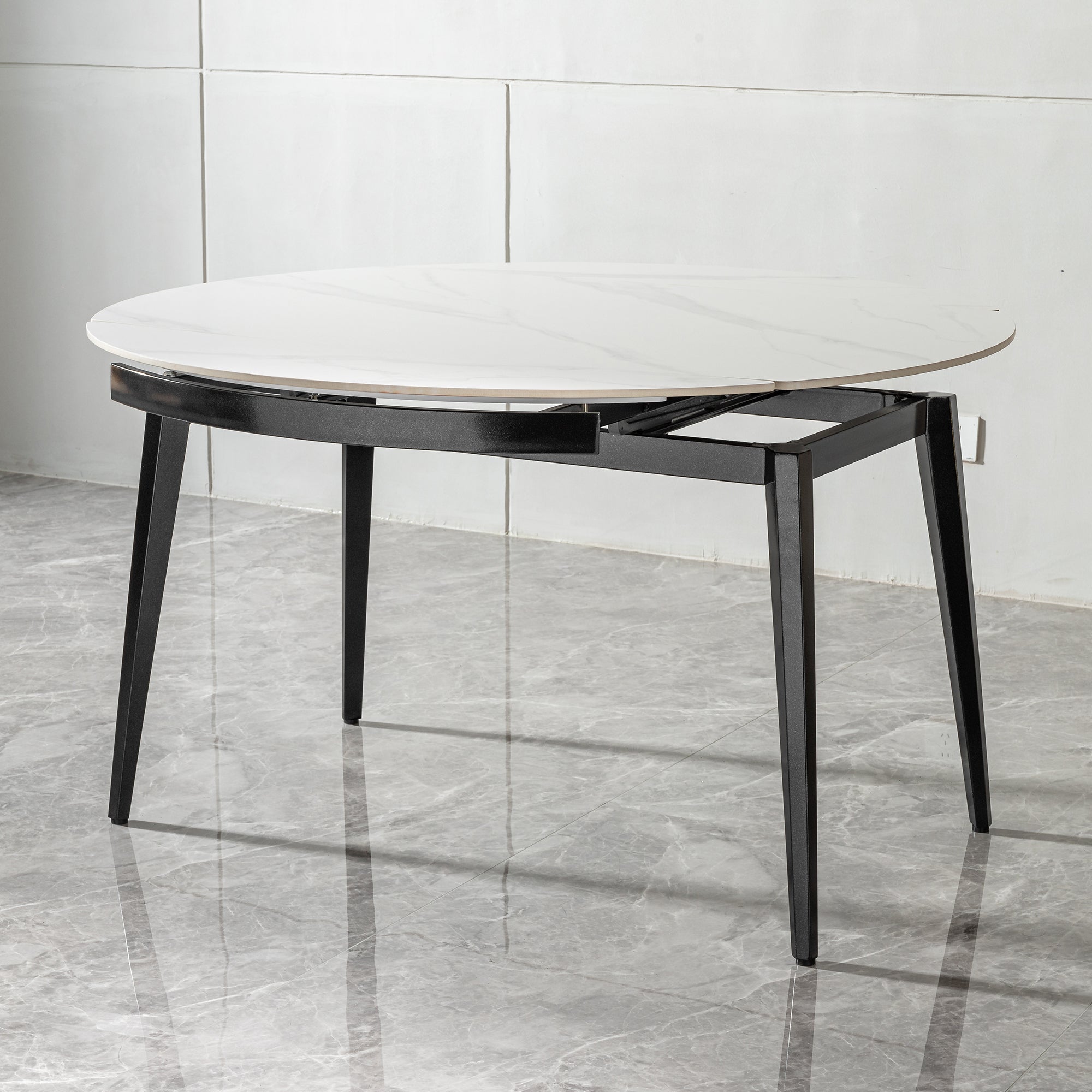 Modern Extendable Round Dining Table with Sintered Stone Top, White & Black, 33.5'' to 51.2''