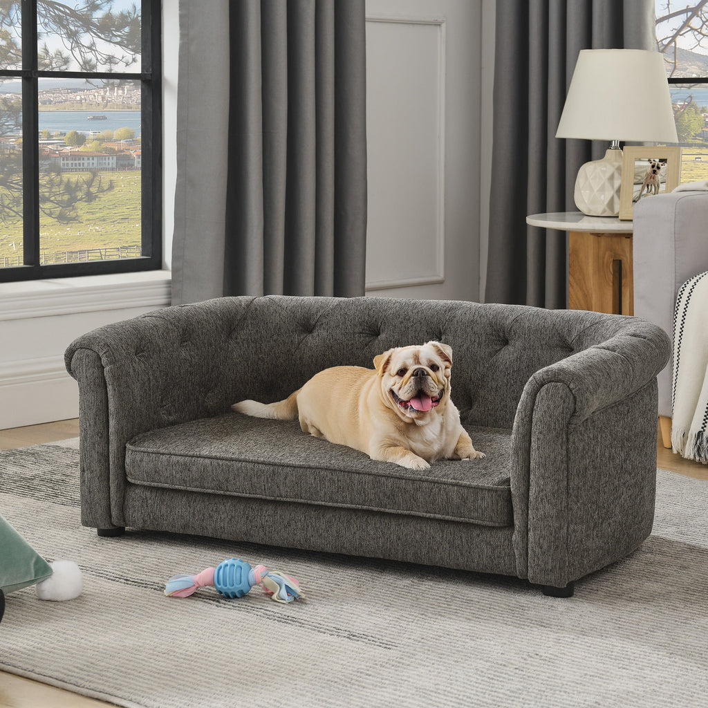 Pet sofa with arc-shaped backrest and armrests, contemporary rectangular pet sofa crafted from breathable linen  cozy soft cushion dog sofa --Dark grey
