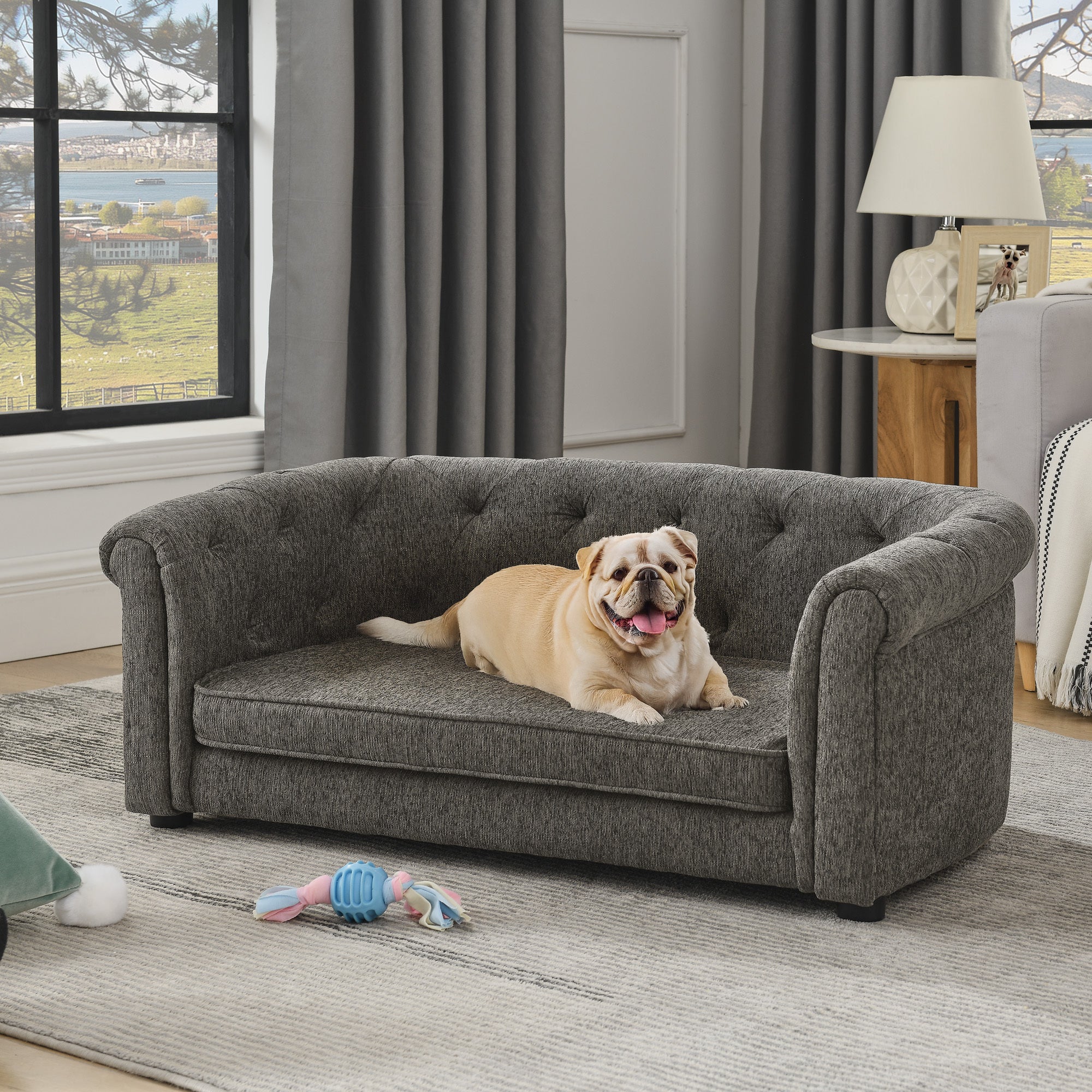 Pet sofa with arc-shaped backrest and armrests, contemporary rectangular pet sofa crafted from breathable linen  cozy soft cushion dog sofa --Dark grey