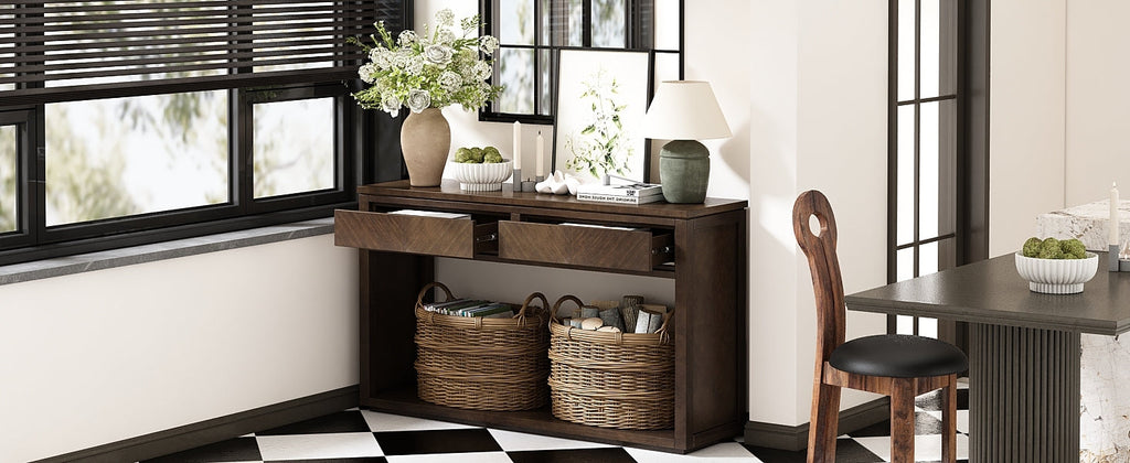 TREXM 55' Console Table, Rustic Wooden Entryway Table with Storage Drawers and Open Shelf, Elegant Sofa Table for Hallway and Living Room (Brown)