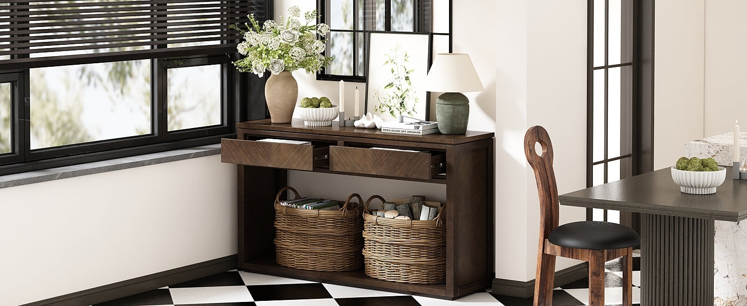 TREXM 55' Console Table, Rustic Wooden Entryway Table with Storage Drawers and Open Shelf, Elegant Sofa Table for Hallway and Living Room (Brown)