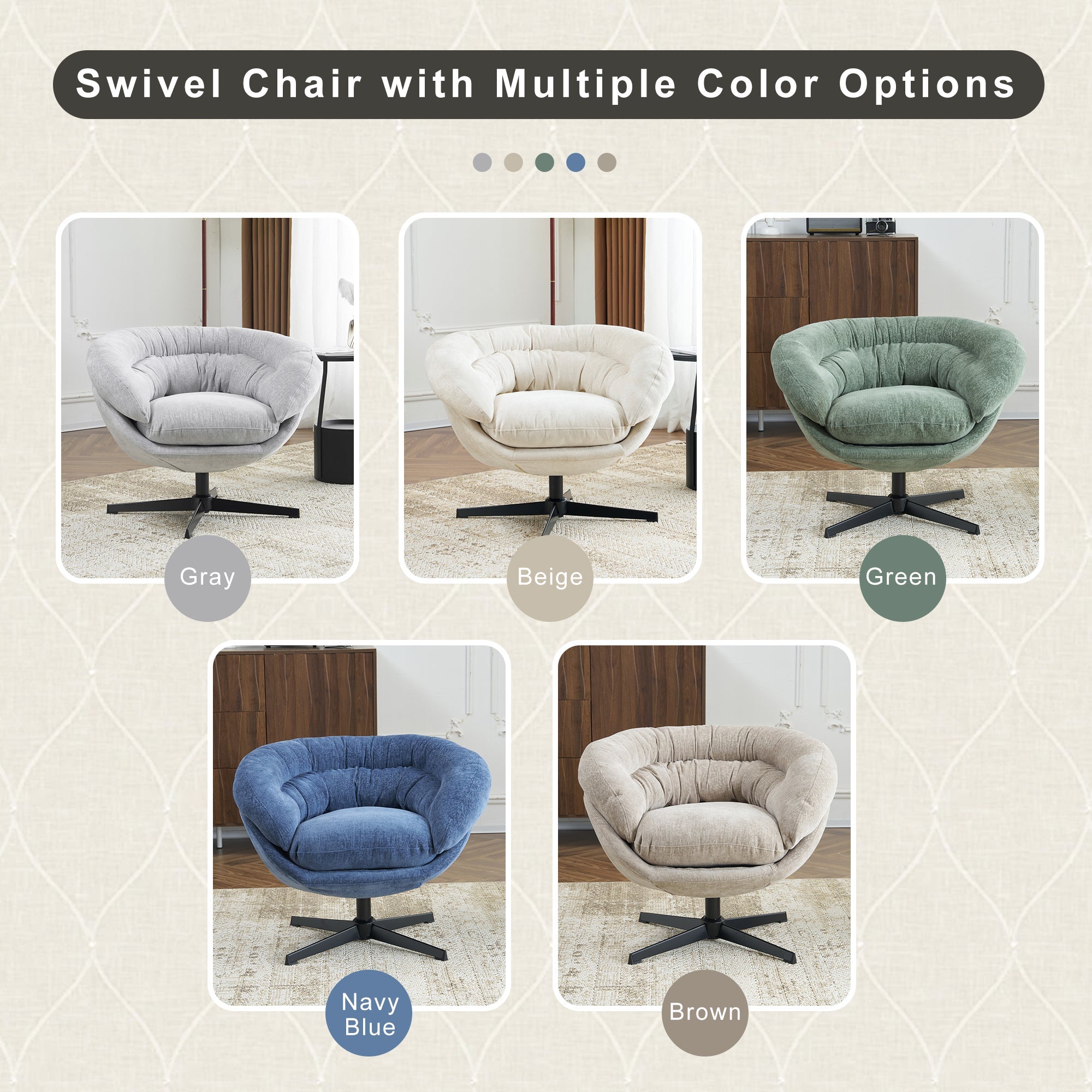 Modern Chenille Office Chair, 360° Swivel Club Chair/Accent Chair with Removable Cushion, Round Office Chair, Black Metal Base, Cotton Material, Living Room, Bedroom, Reading Corner, Office (Brown)