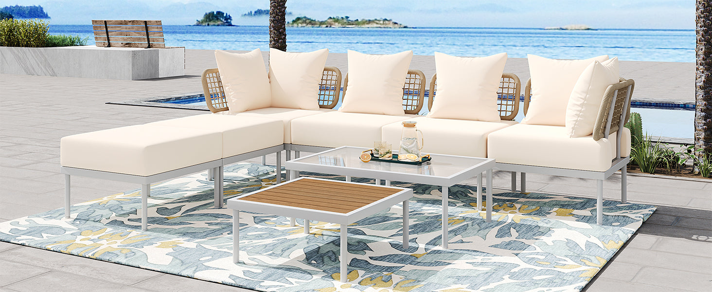 TREXM 8-Piece Patio Sectional Sofa Set with Tempered Glass Coffee Table and Wooden Coffee Table for Outdoor Oasis, Garden, Patio and Poolside (Beige Cushion + White Steel)