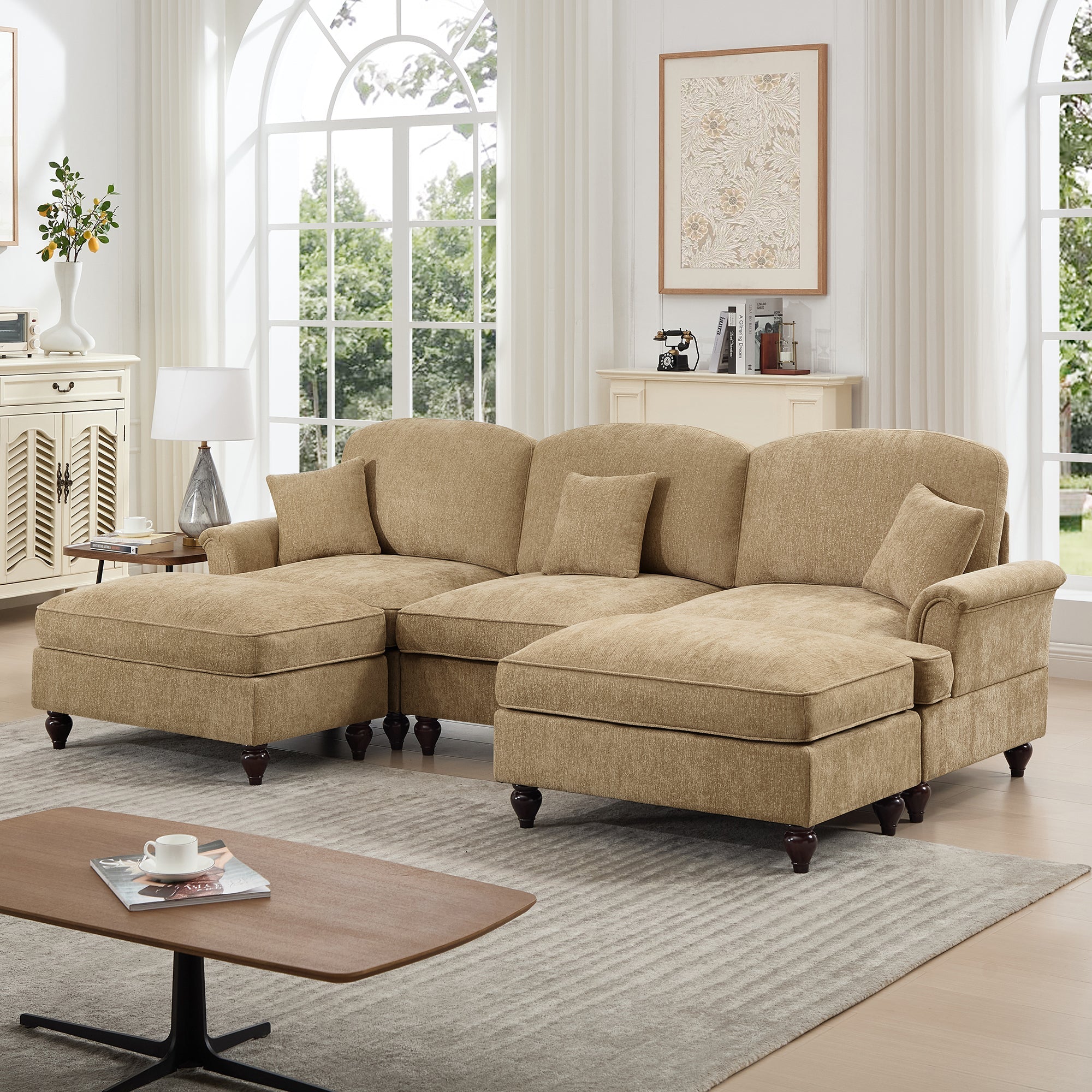 Classic Comfy Modular U Shape Sectional Sofa Couch with Flared Arms and Removable Ruffles Pleats Skirts and Spindle Legs, Upholstered Chenille Deep Seat Cloud Sofa with Movable Ottomans, Light Coffee