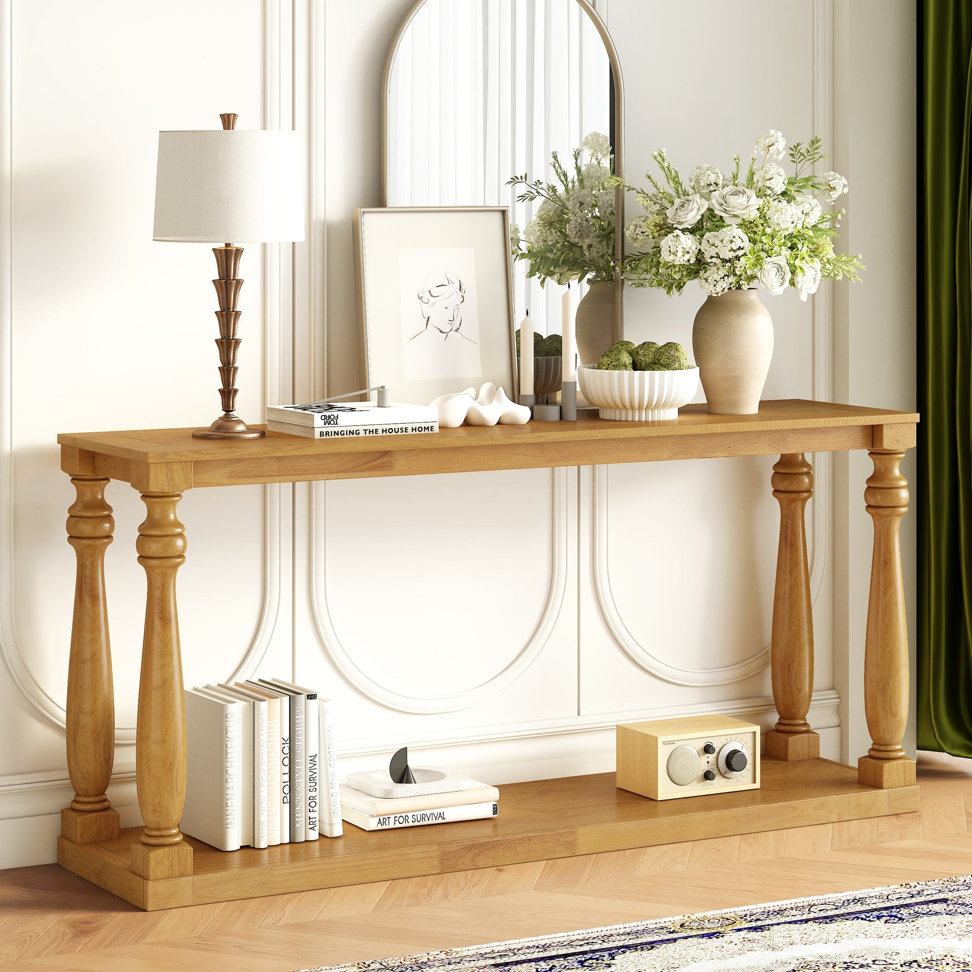 U_STYLE Vintage Wood Grain Console Table with Bottom Shelf and Four Vase Legs, Suitable for Entryway, Hallway, Living Room, Bedroom