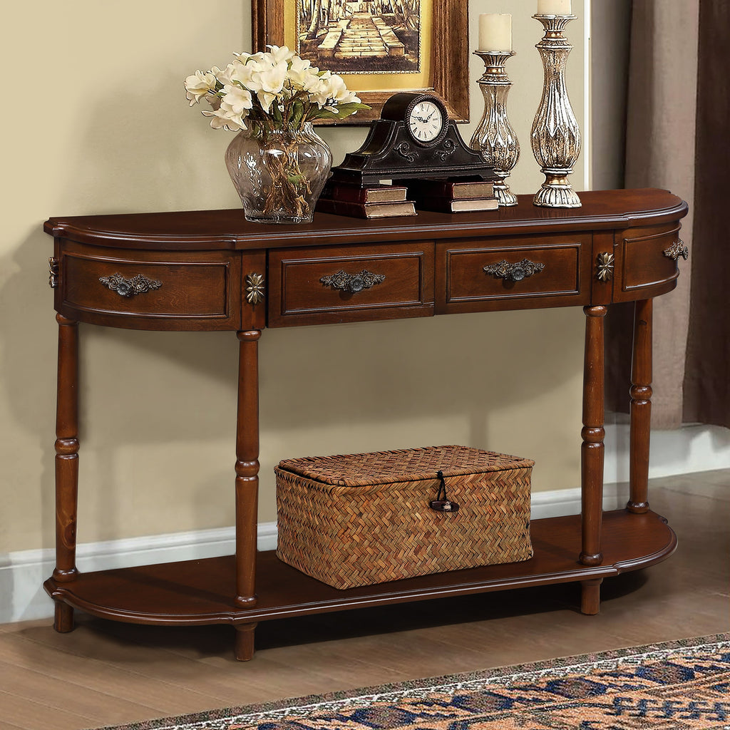 Retro Curved Wood Console Table, 52 inch Circular Half Moon Sofa Table with Open Shelf and 2 Drawers, Solid Wood Entry Table for Living Room, Hallway, Cherry