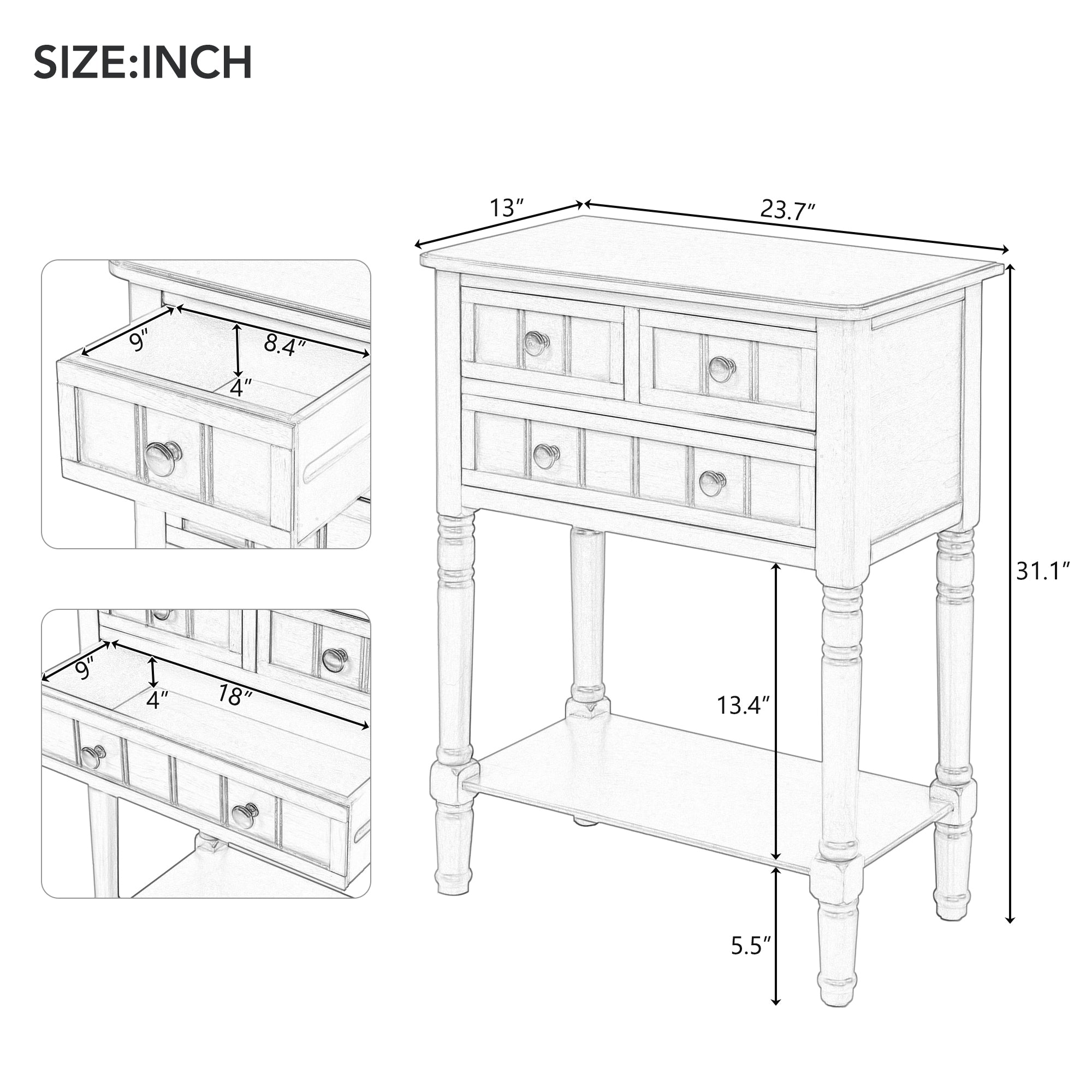 TREXM Narrow Console Table, Slim Sofa Table with Three Storage Drawers and Bottom Shelf (Ivory White)