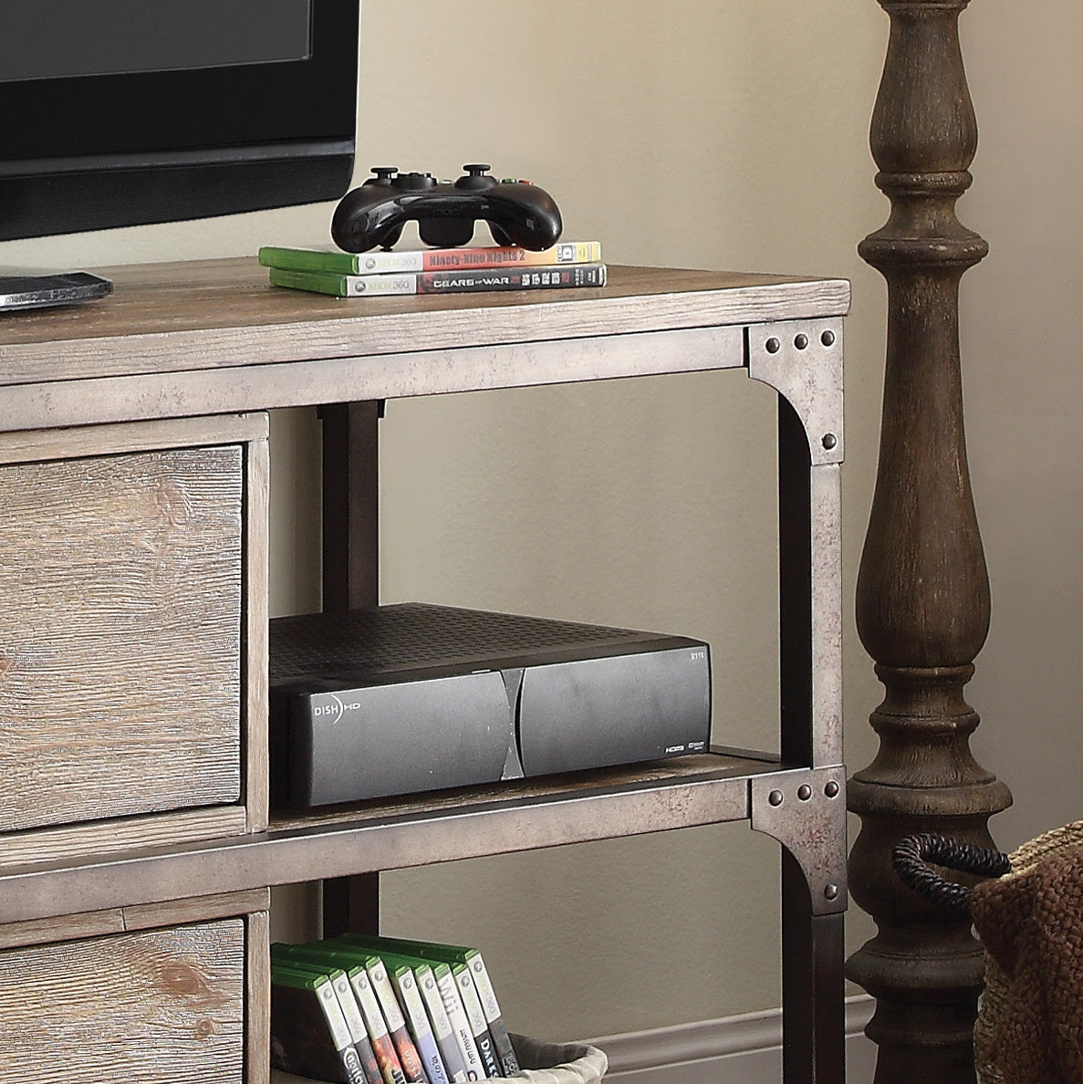 Weathered Oak and Antique Silver 4-Shelf TV Stand