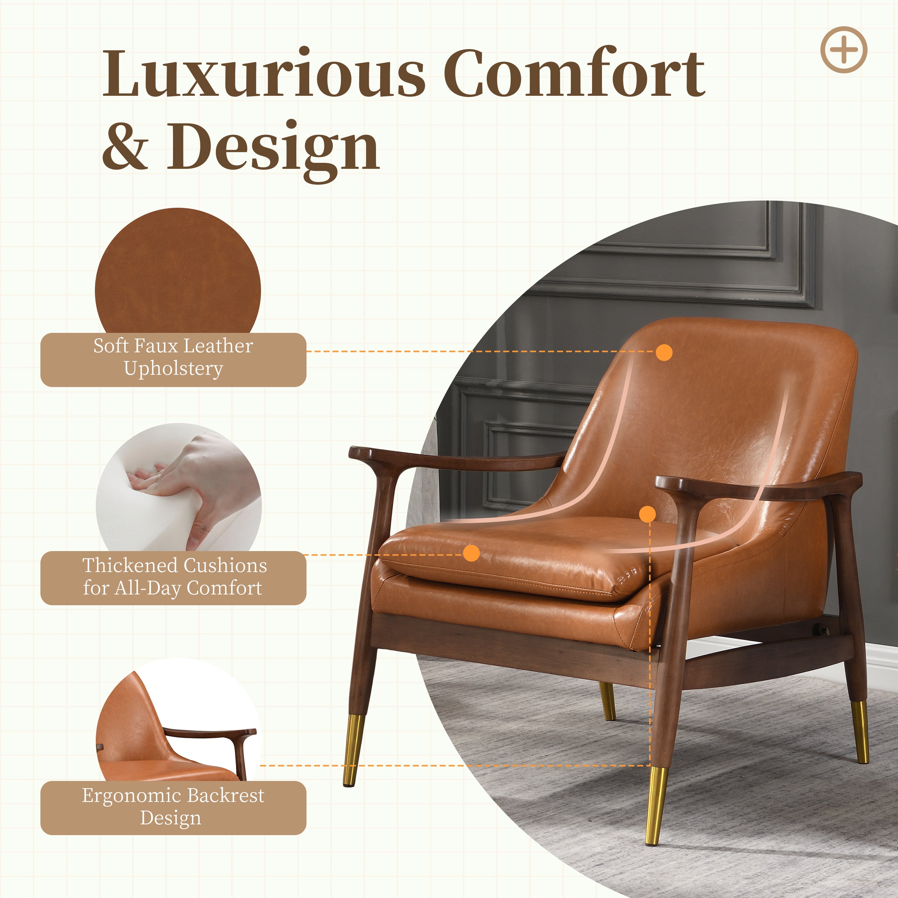 Mid-Century Faux Leather Accent Chair with Cushioned Seat, Solid Wood Frame, Brass-Tipped Legs, Brown