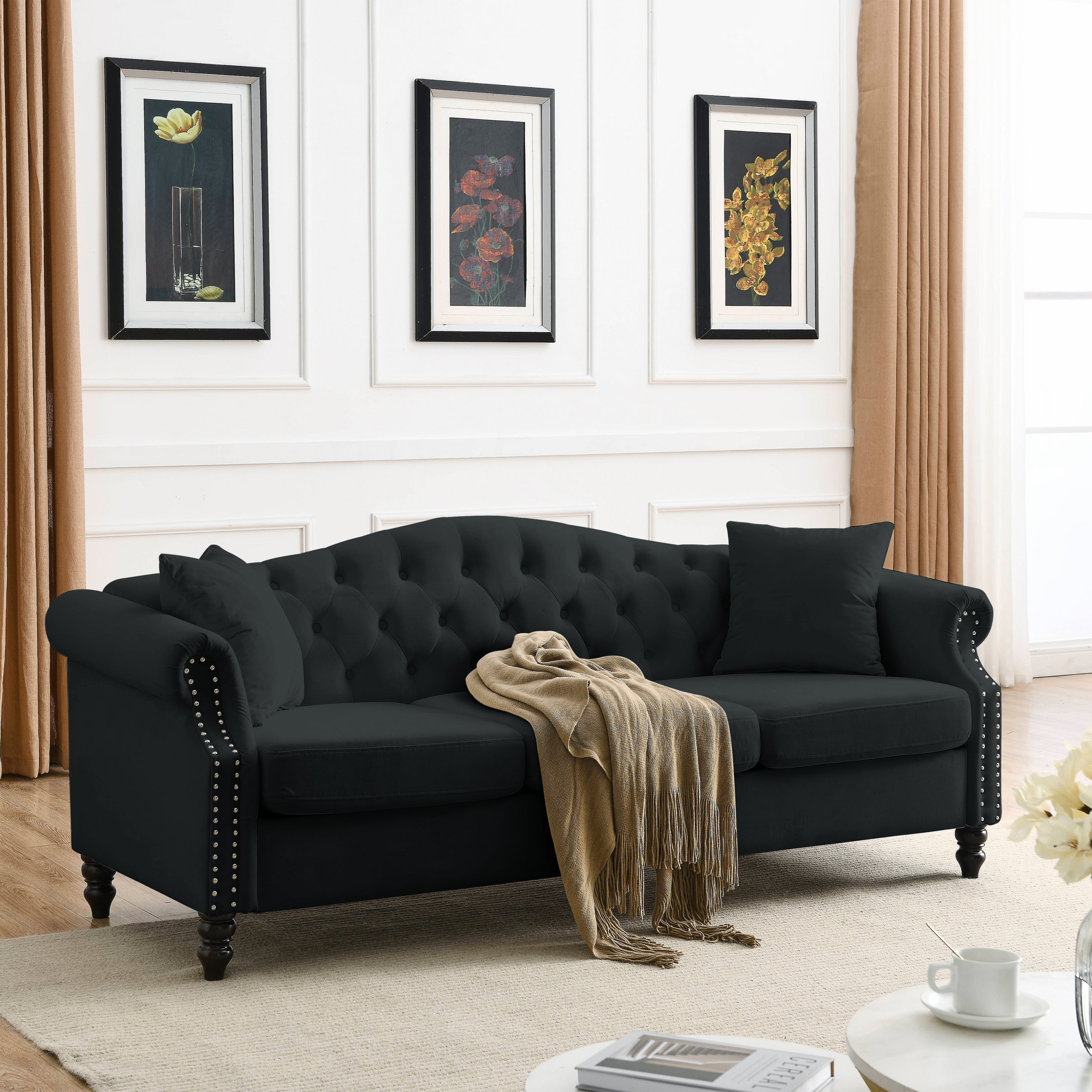 [Video] 79' Chesterfield Sofa Black Velvet for Living Room, 3 Seater Sofa Tufted Couch with Rolled Arms and Nailhead for Living Room, Bedroom, Office, Apartment, 3S+3S
