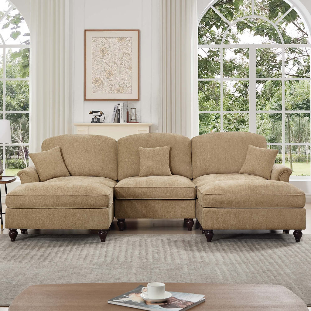 Classic Comfy Modular U Shape Sectional Sofa Couch with Flared Arms and Removable Ruffles Pleats Skirts and Spindle Legs, Upholstered Chenille Deep Seat Cloud Sofa with Movable Ottomans, Light Coffee