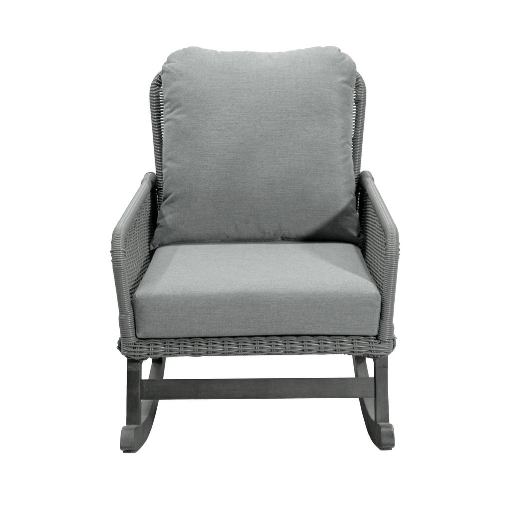 Modern 3-Piece Outdoor Seating Set with Gray Cushioned PE Rattan Rocking Chairs and Wooden Accent Table, Perfect for Patio or Balcony Relaxation