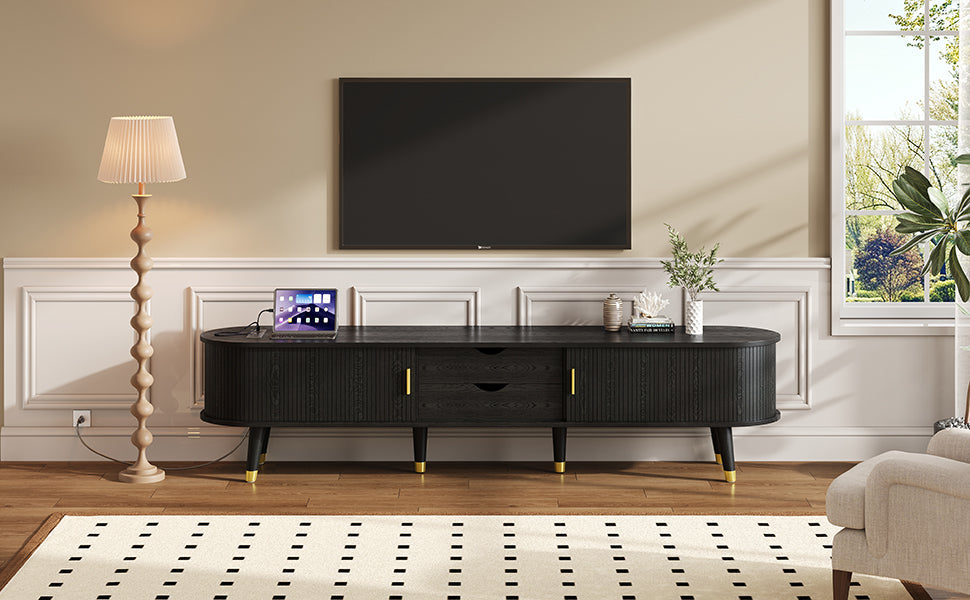 Wooden Oval Fluted TV Stand with Charging Station for TV up to 80', Mid-Century Media Console with Sliding Tambour Door, Farmhouse TV Cabinet with Golden Handle for Living Room, Black