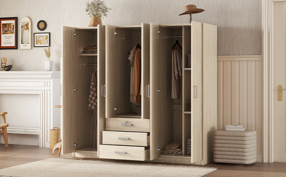 6-Doors Wooden Wardrobe Storage for Bedroom, with Big Drawers, Gray