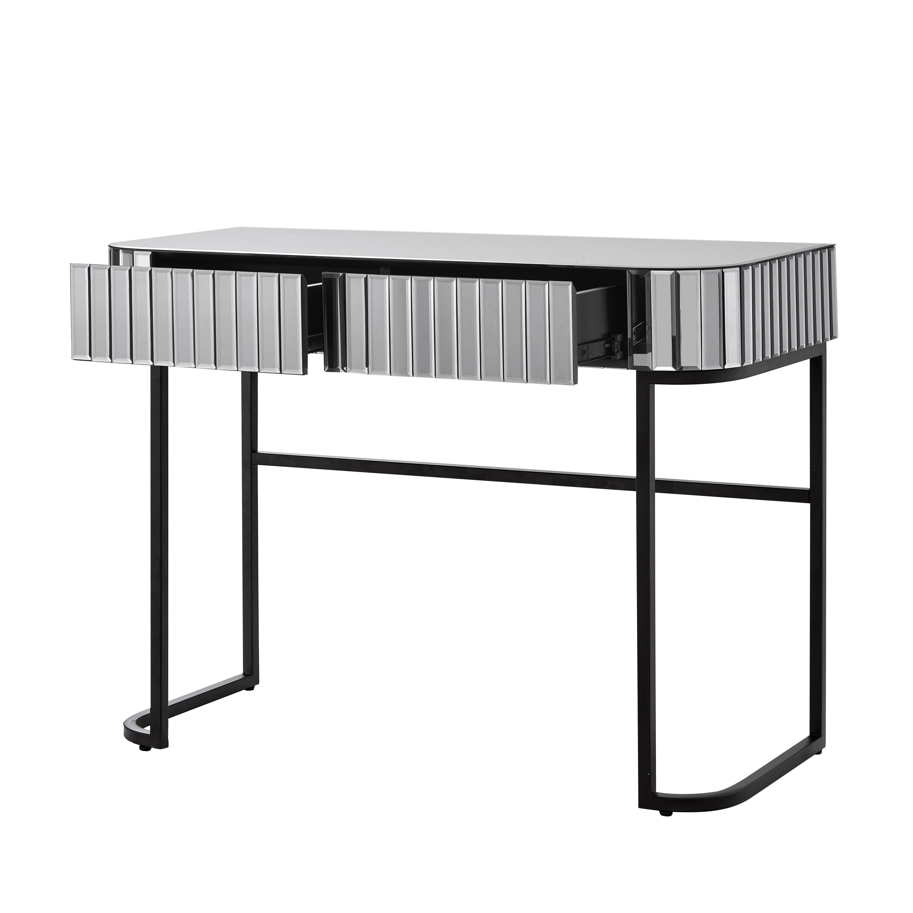 39' Mirrored Makeup Vanity Table with Stainless Steel Base, Mirrored Console Dressing Table with 2 Drawers,Versatile Desk for Bedroom and Office, Gray