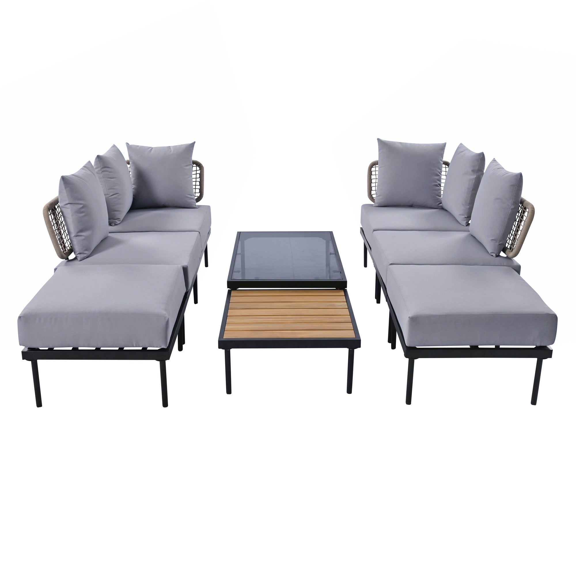 TREXM 8-Piece Patio Sectional Sofa Set with Tempered Glass Coffee Table and Wooden Coffee Table for Outdoor Oasis, Garden, Patio and Poolside (Light Grey Cushion + Black Steel)