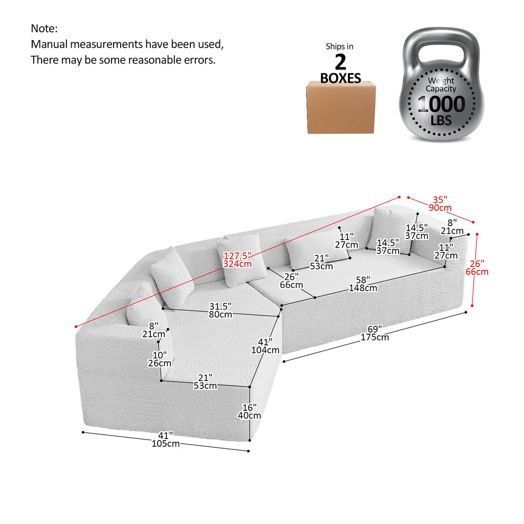 127.5'' Modern Minimalist Sofa With Deep Seat,No Assembly Needed