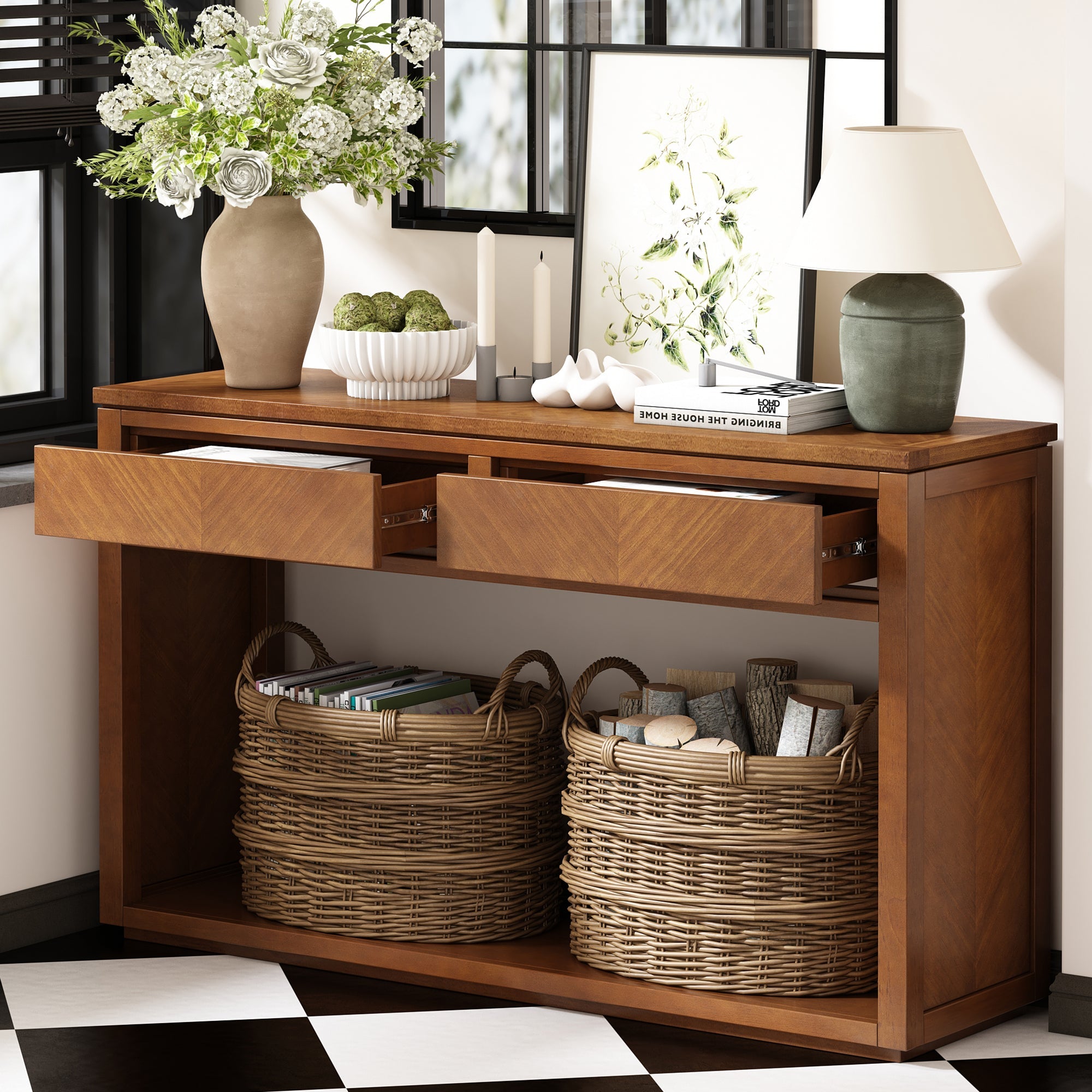 TREXM 55' Console Table, Rustic Wooden Entryway Table with Storage Drawers and Open Shelf, Elegant Sofa Table for Hallway and Living Room (Honey)