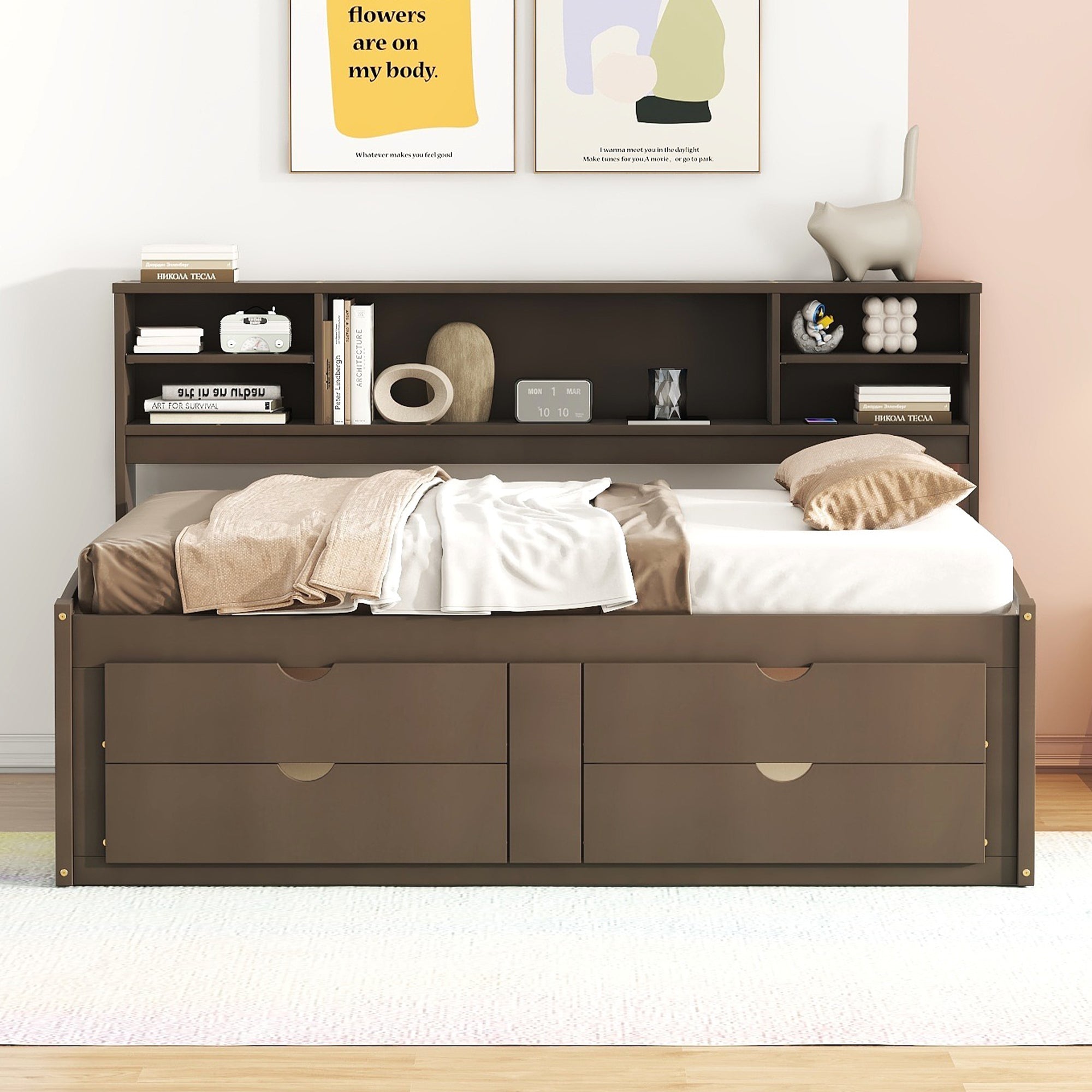 Full Size Wood Daybed with 2 Bedside Cabinets, Upper Shelves and 4 Drawers, Antique Brown