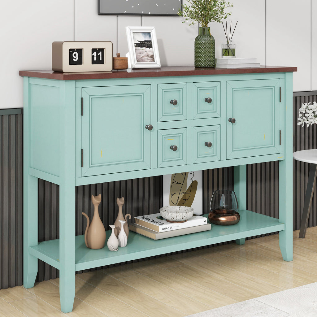 TREXM Cambridge Series  Ample Storage Vintage Console Table with Four Small Drawers and Bottom Shelf for Living Rooms, Entrances and Kitchens (Retro Blue, OLD SKU: WF190263AAC)