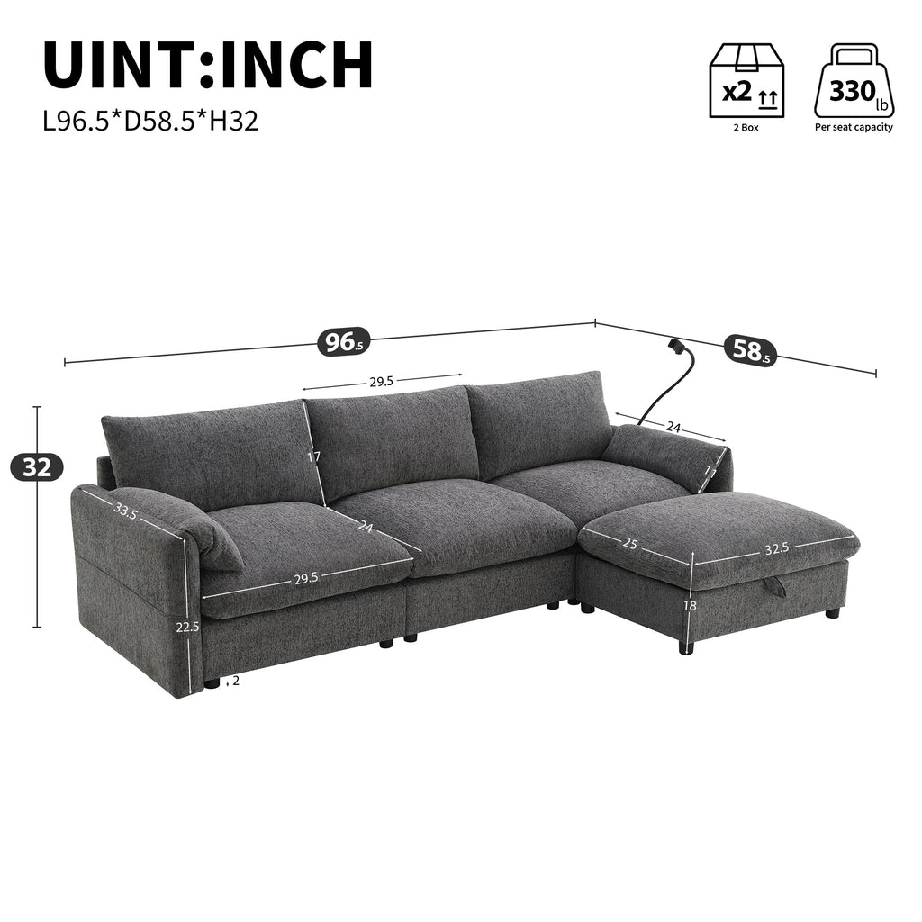 96.5'' Chenille Sectional Sofa with Storage Ottoman and Pockets,Adjustable Phone Holder,Wide Seat,4 Seat L Shaped Couch Set,Comfy Sofa with USB Charger for Living Room,Apartment,3 Colors