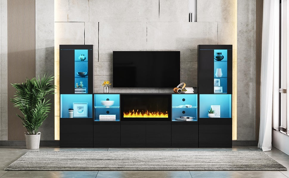 ON-TREND Modern TV Stand with 34.2' Non-heating Electric Fireplace, High Gloss Entertainment Center with LED Lights, Media Console with Tempered Glass Shelves for TVs up to 75', Black