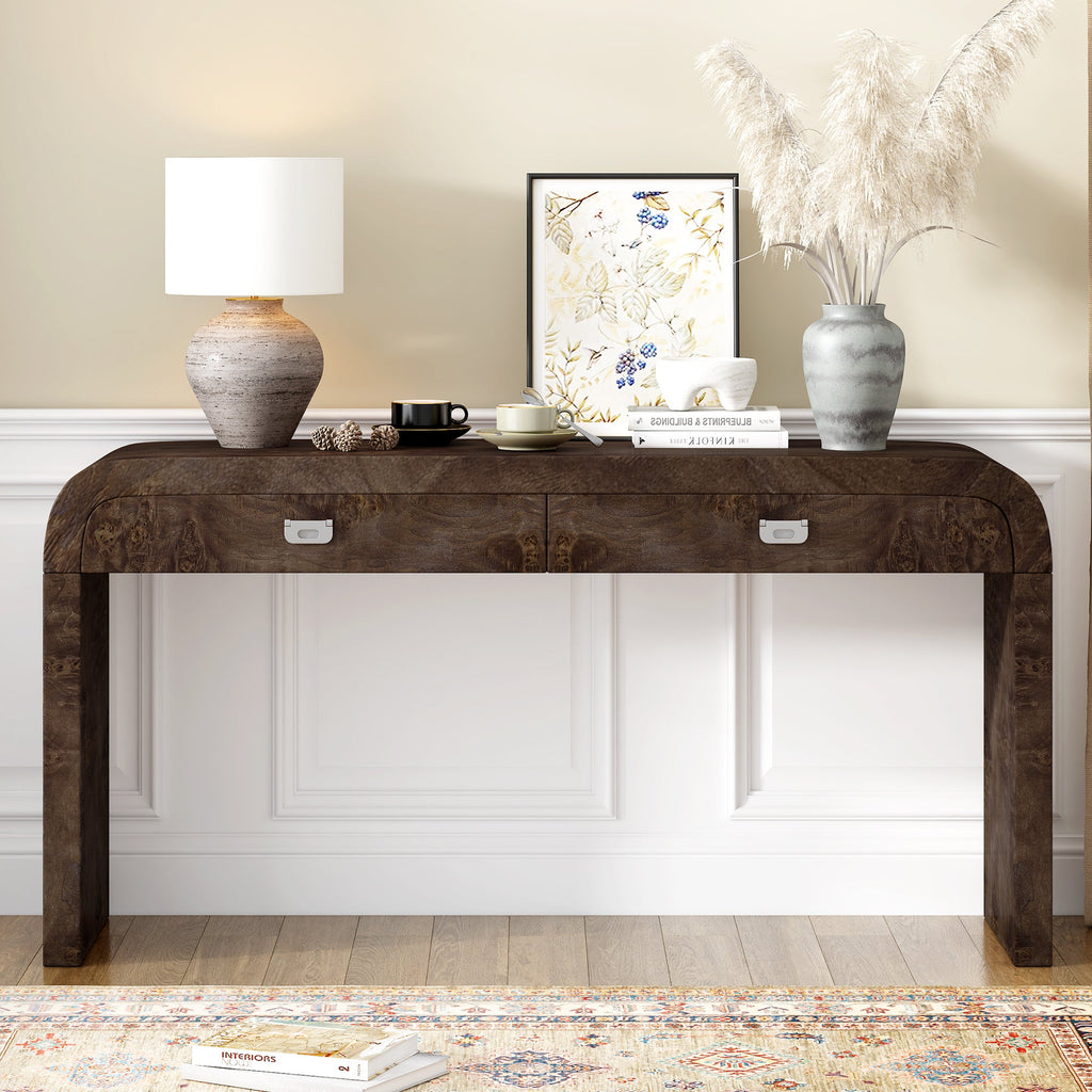 U_STYLE 60''Wooden Entryway Table with Burl Veneer, Console Table with 2 Large Drawers and Metal Handles,Multi-Functional Sofa Table with 2 Sturdy Legs,Suitable for Living Room, Foyer,Hallway, Office