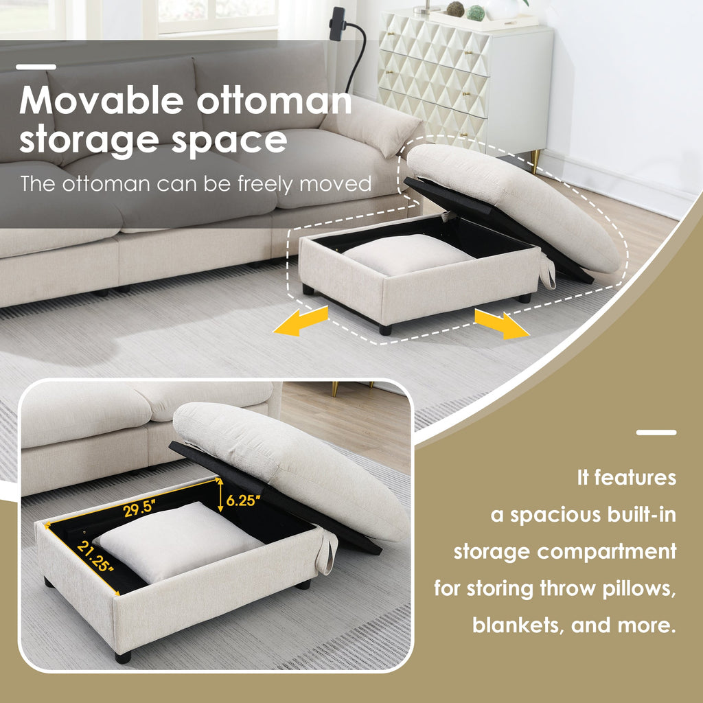 96.5'' Chenille Sectional Sofa with Storage Ottoman and Pockets,Adjustable Phone Holder,Wide Seat,4 Seat L Shaped Couch Set,Comfy Sofa with USB Charger for Living Room,Apartment,3 Colors