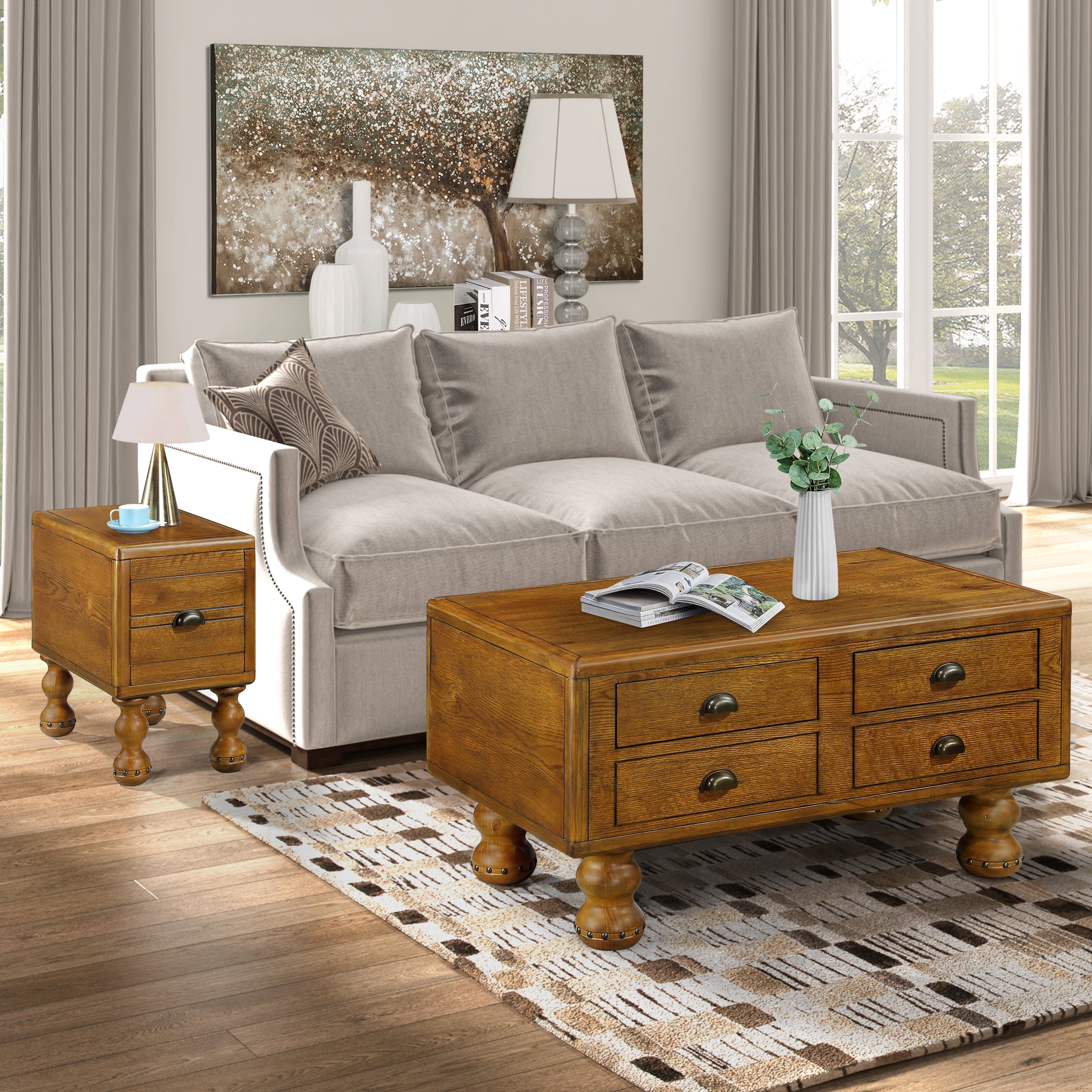 Solid Wood Rectangle Coffee Table for Living Room, 40-Inch Antique Coffee Table with 4 Drawers, Wood Center Table Tea Table with Rivet Decoration Legs.Easy Assembly,  Antique Brown
