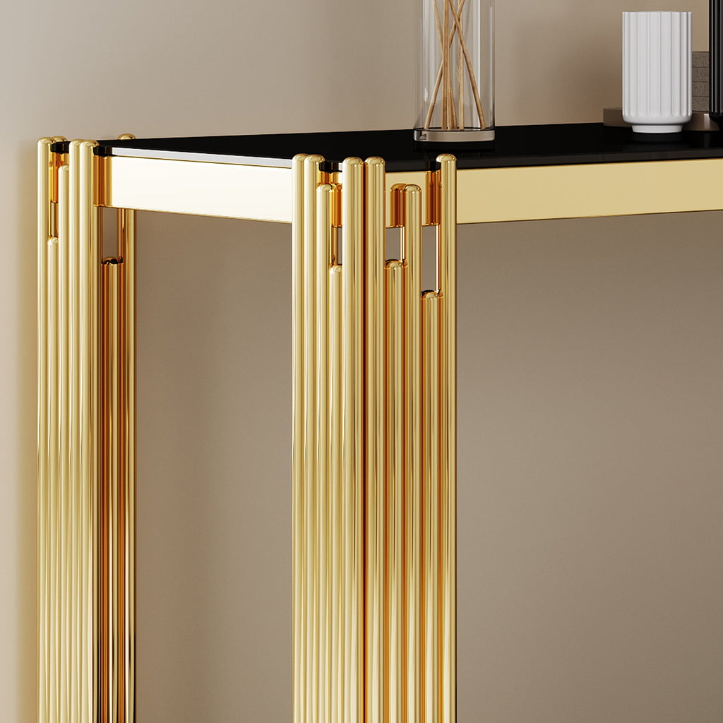 Top and Bottom Double Layer Tempered Glass Console Table and Mirror Finished Stainless Steel Frame