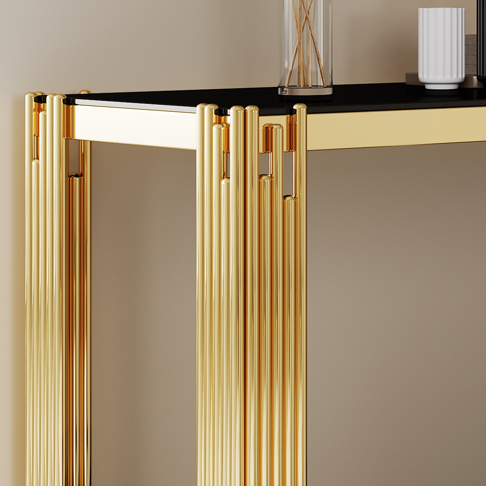 Top and Bottom Double Layer Tempered Glass Console Table and Mirror Finished Stainless Steel Frame