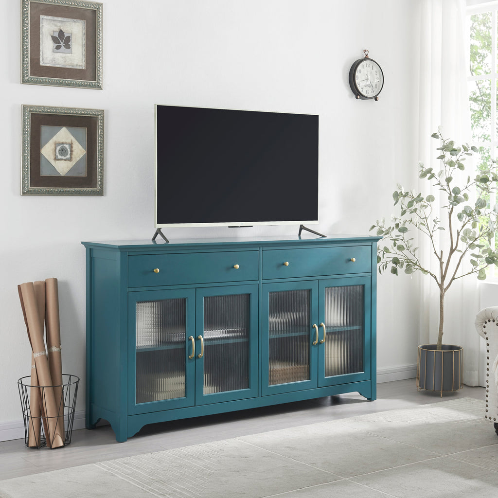 65' TV Console, Storage Buffet Cabinet, Sideboard with Glass Door and Adjustable Shelves, Console Table, Teal Blue